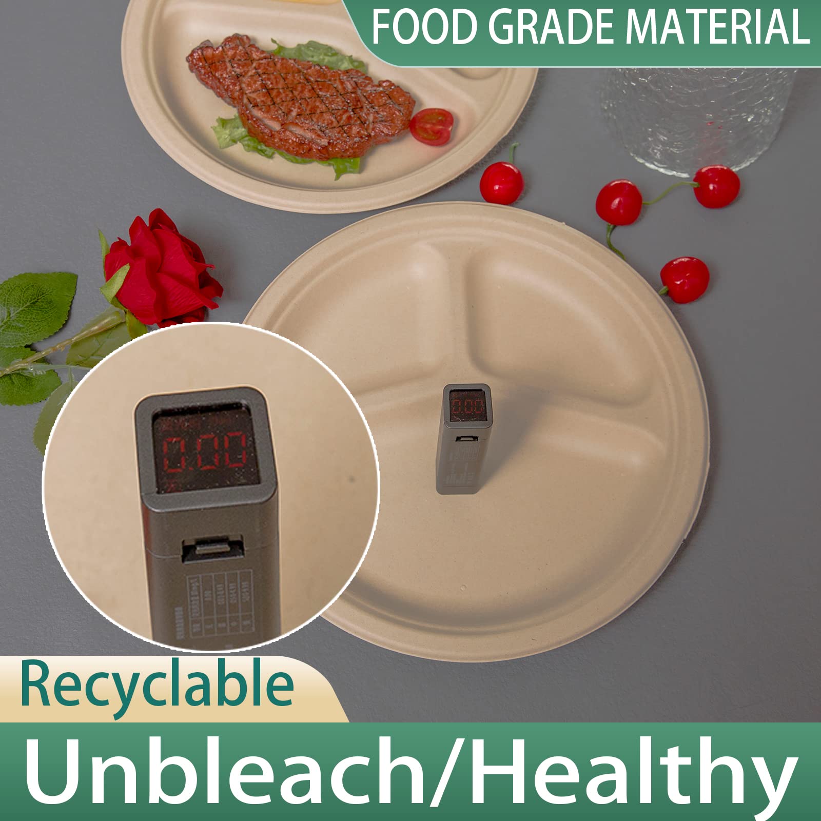 Plato redondo compostable natural de 10 pulgadas, 150 unidades, 10 pulgadas, 150 unidades, 3 secciones