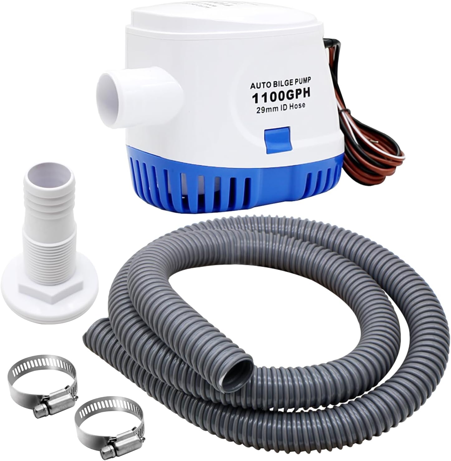 CREATORELE Automatic Boat Bilge Pump Kit for Boats, 1-1/8 Inch Pump Plumbing Kit, Including 12v 1100 GPH, 1pcs Hose, 2pcs Hose Clamps and 1pcs Thru-Hull Fitting