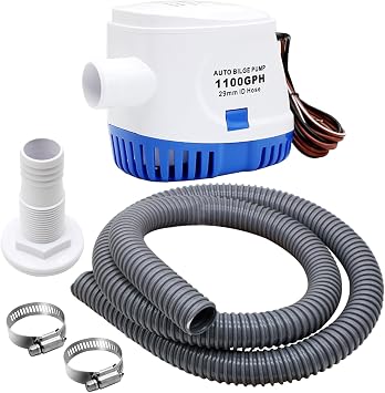 Automatic Boat Bilge Pump Kit for Boats, 1-1/8 Inch Pump Plumbing Kit, Including 12v 1100 GPH, 1pcs Hose, 2pcs Hose Clamps and 1pcs Thru-Hull Fitting