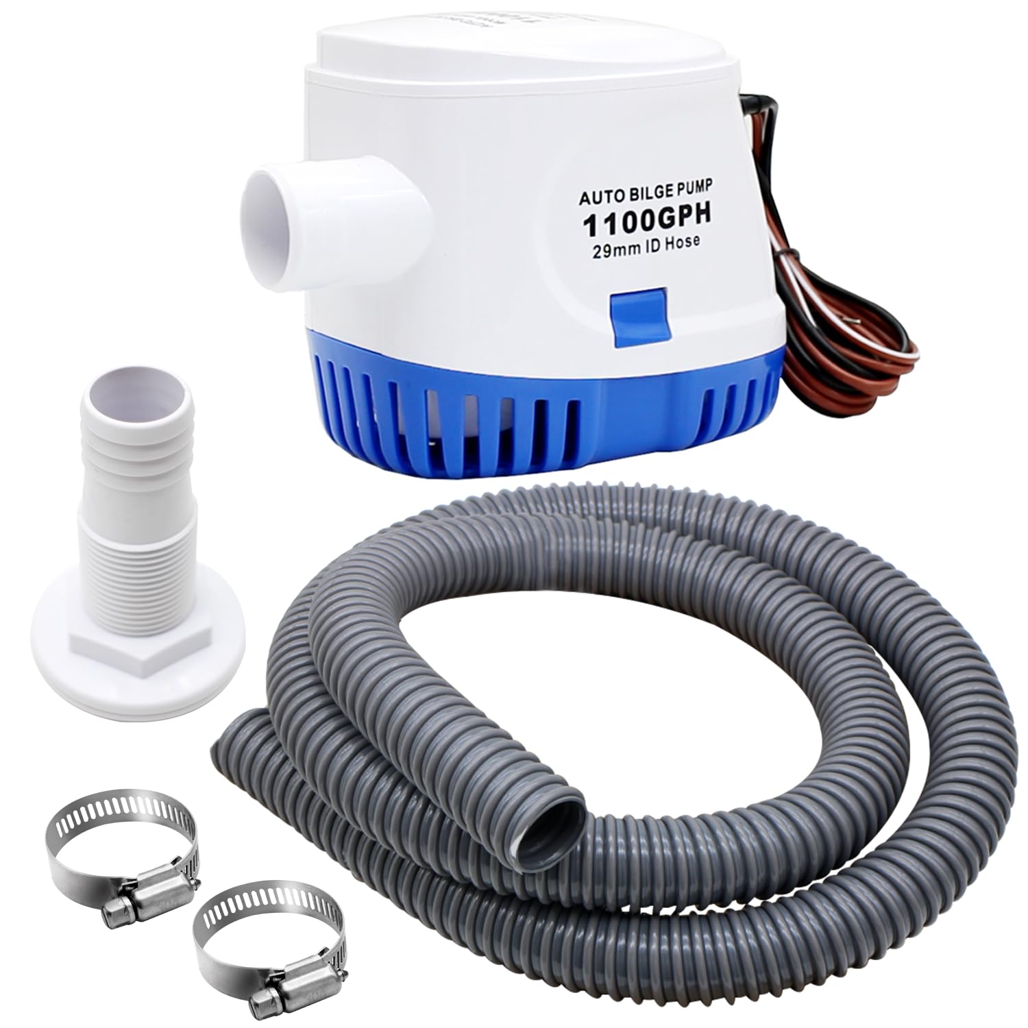 Automatic Boat Bilge Pump Kit for Boats, 1-1/8 Inch Pump Plumbing Kit, Including 12v 1100 GPH, 1pcs Hose, 2pcs Hose Clamps and 1pcs Thru-Hull Fitting