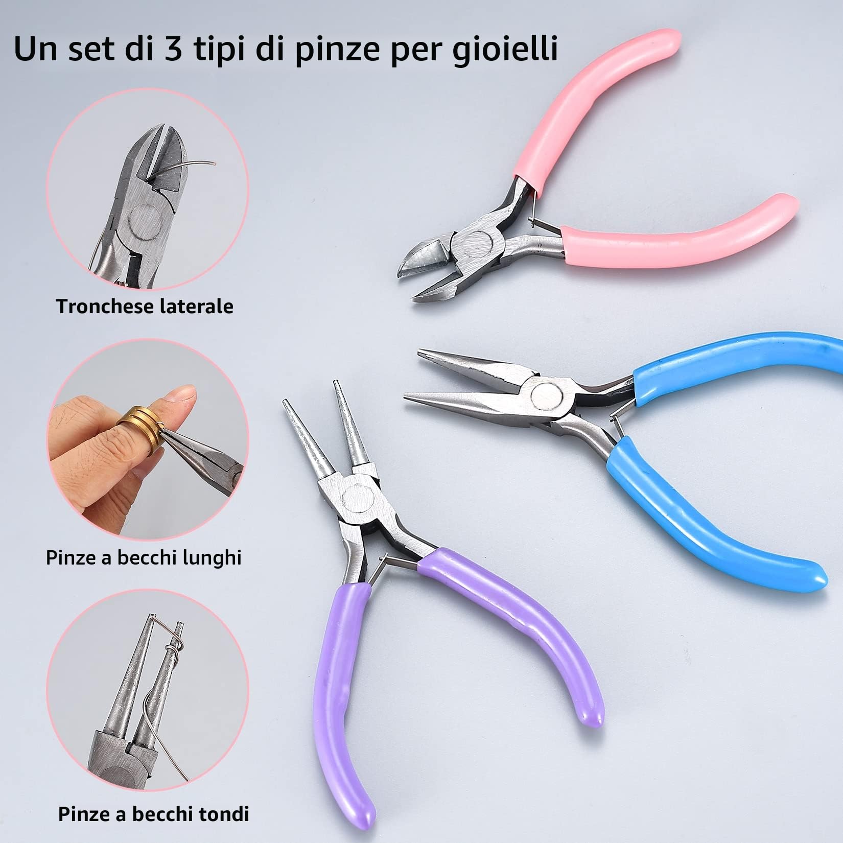 Xiaomoyu 3 Pezzi Pinze per Creazione Gioielli, a Tenaglia a Becco ad Ago/ a Becco a Catena/ Tronchesi per Riparazione di Bigiotteria