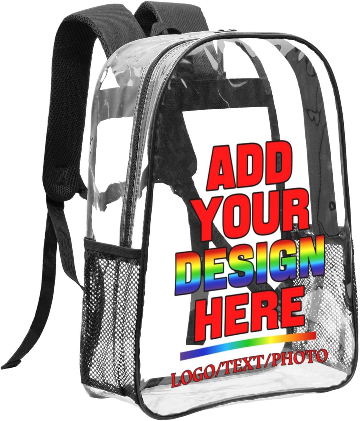 Custom Clear Backpack for Women Men, Personalized Transparent Backpacks with Name Text Photo for Present, PVC Adjustable See Through Bag Suitable for Travel Sport Work 16in