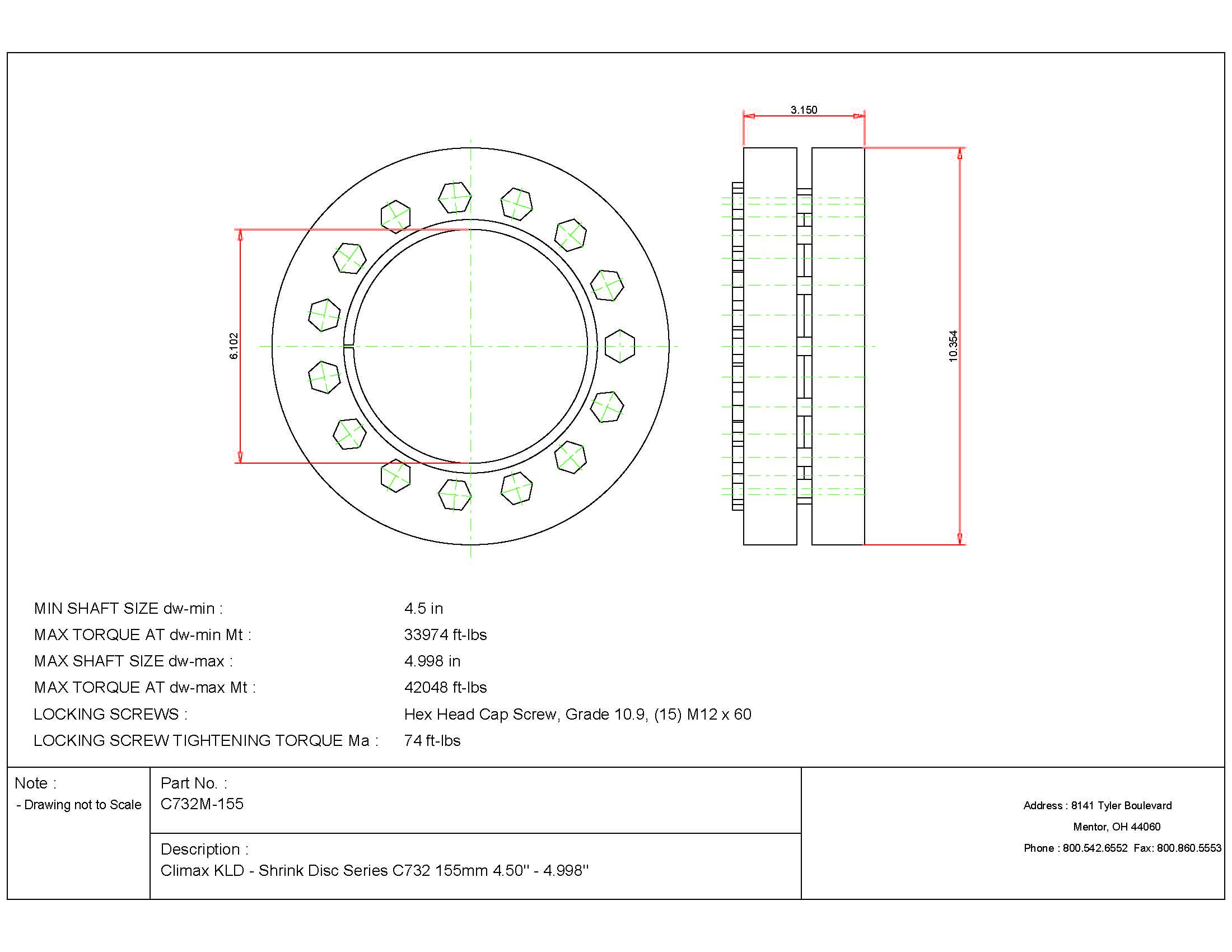Climax Metals C732M-155 Shrink Disc, Heavy Duty, Steel with Zinc Plated Outer Rings, 155 mm Diameter Bore, 6.1