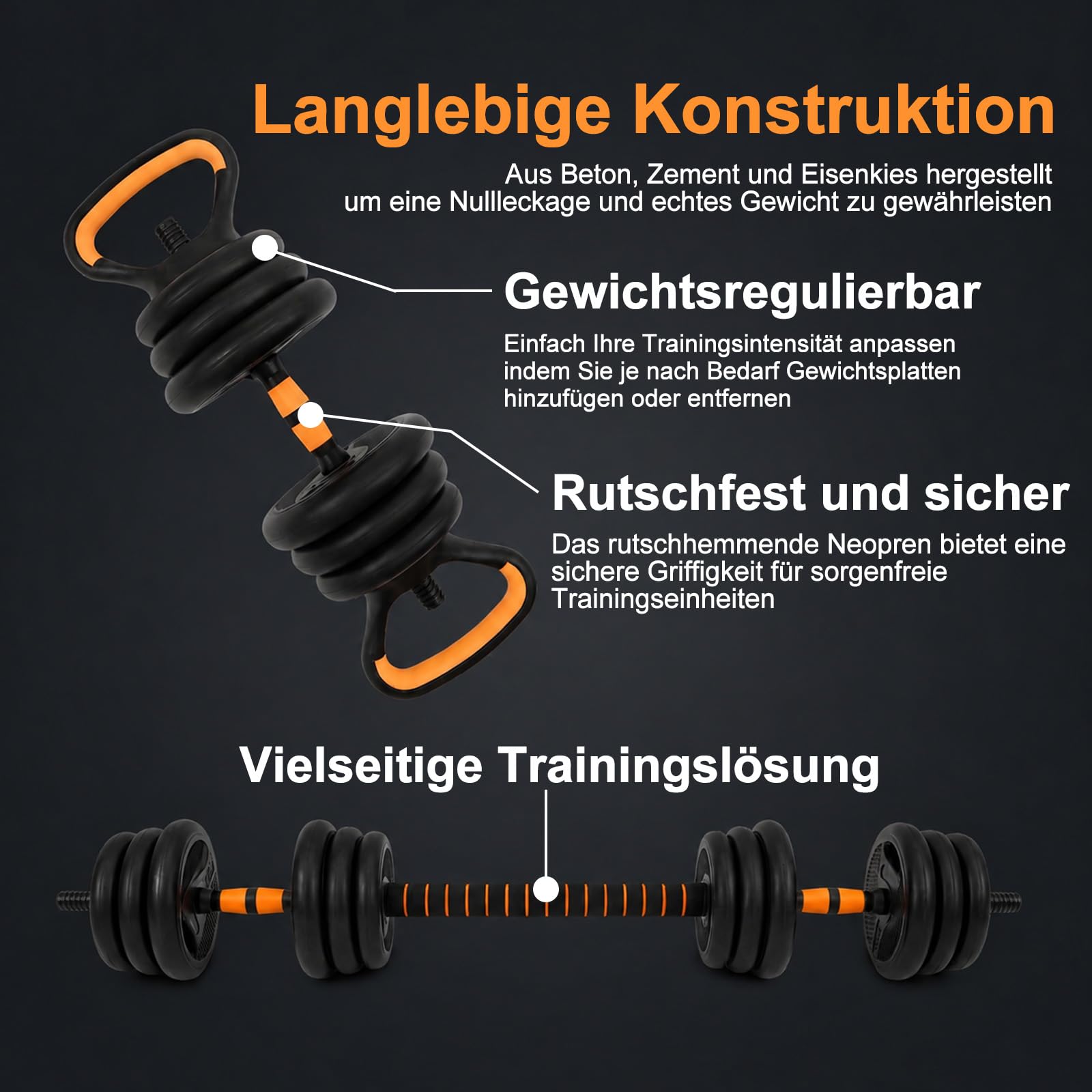 6-in-1 Multifunktions-Hantelset 20KG – Verstellbare Kurzhantel & Langhantel mit Kettlebell, Liegestützgriffen, Springseil & Bauchtrainer, Fitness Set