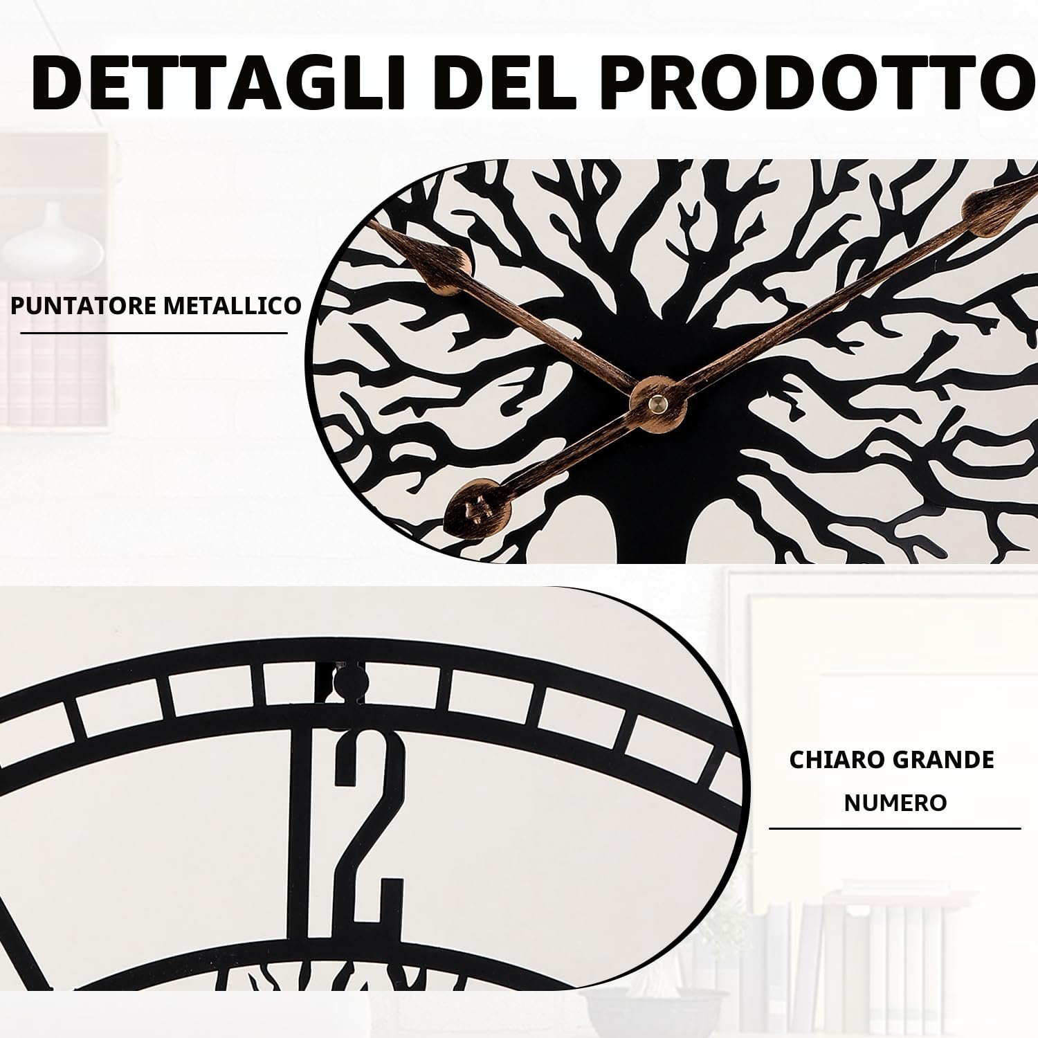 Grande albero della vita Orologio da parete in metallo nero Grande decorazione per la casa soggiorno con numeri silenziosi moderni di mezzo secolo