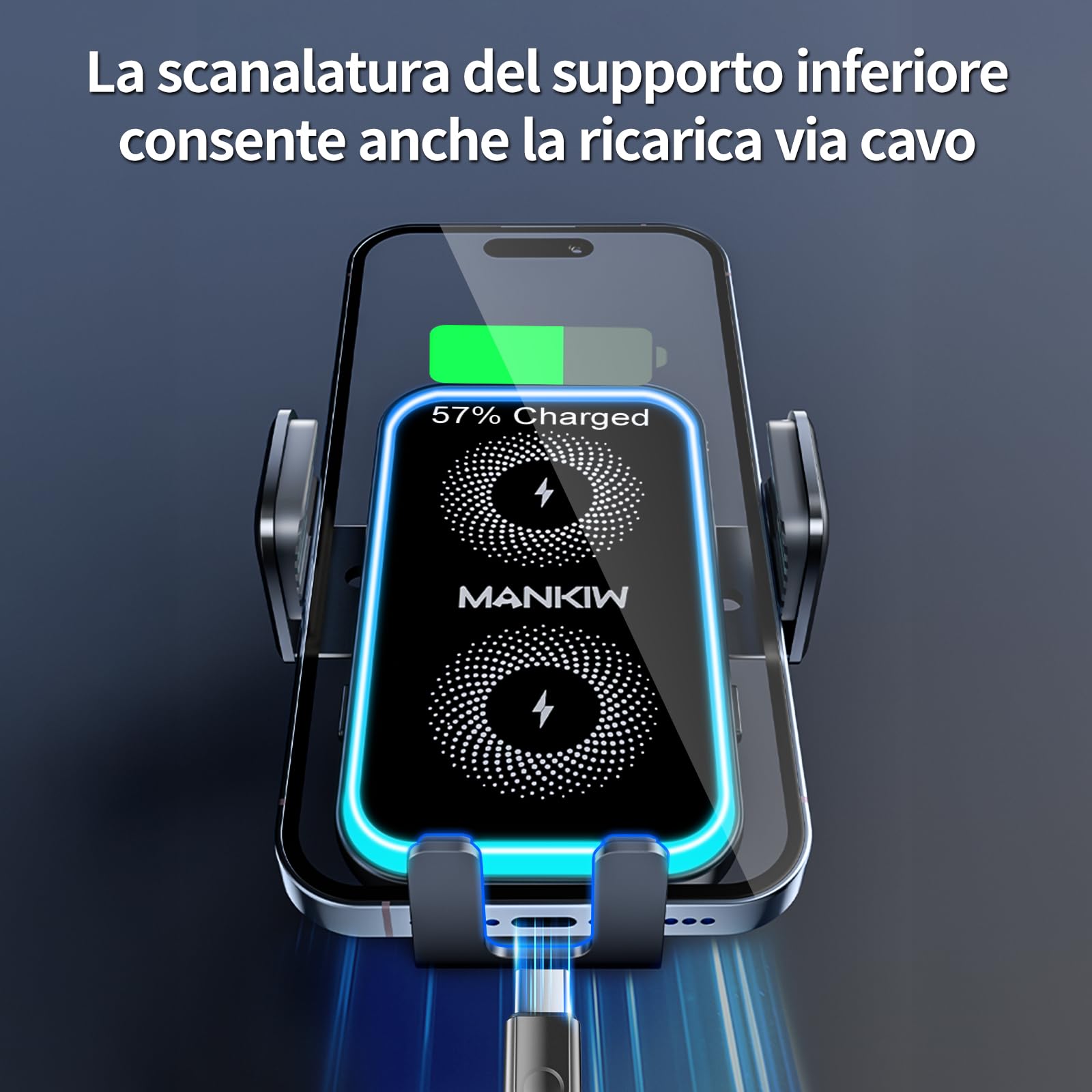 MANKIW Caricatore Wireless Auto, 15W Ricarica Wireless Auto con Bloccaggio Automatico, Rotazione 360° & Luci RGB, Compatibile con iPhone 16/15/14/13/12 Mini Pro Max, Galaxy S25/S24/S23 Ultra ecc