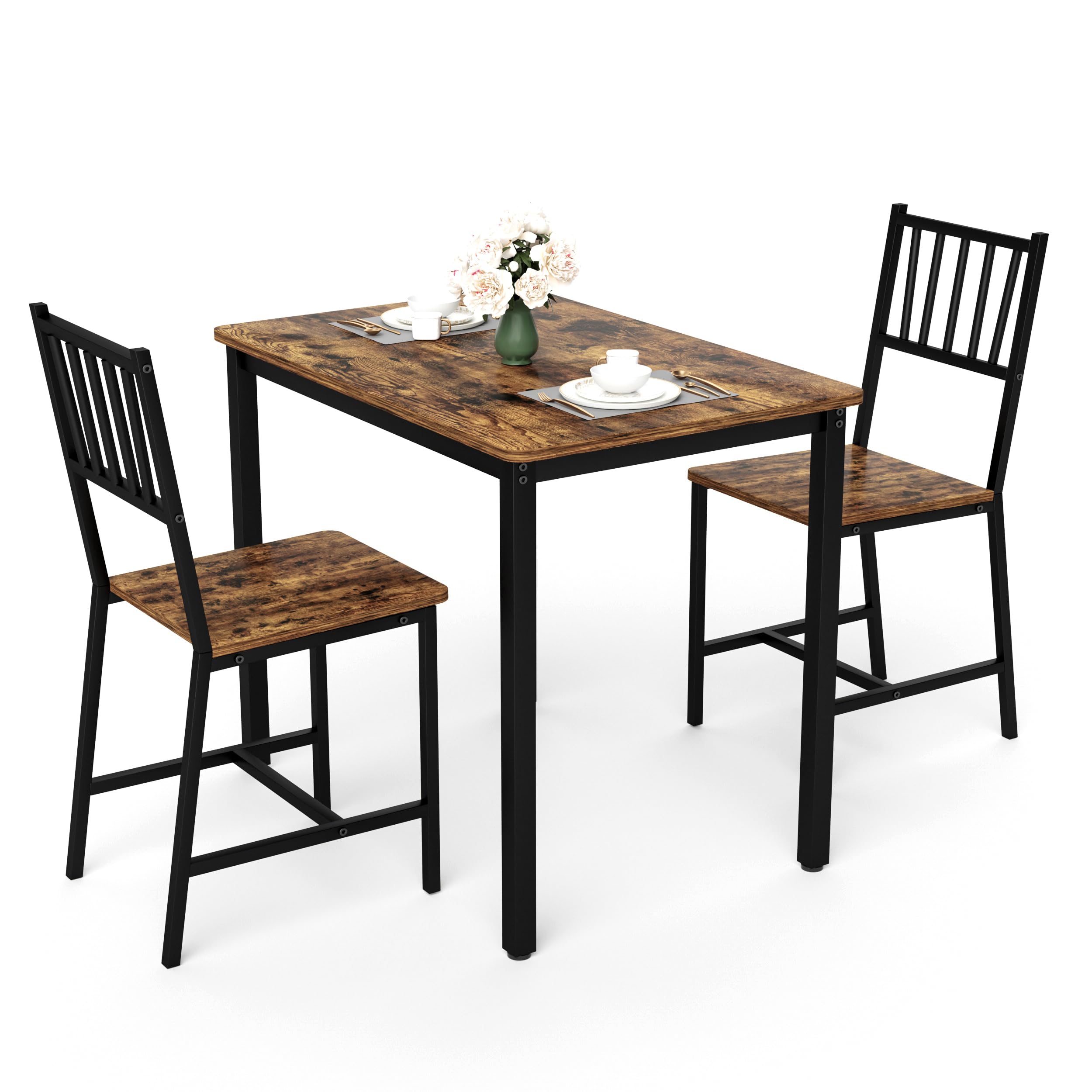 Small Space 3 Piece Dining Table Set for 2 Compact Kitchen Table with 2 Chairs Adjustable Feet Modern