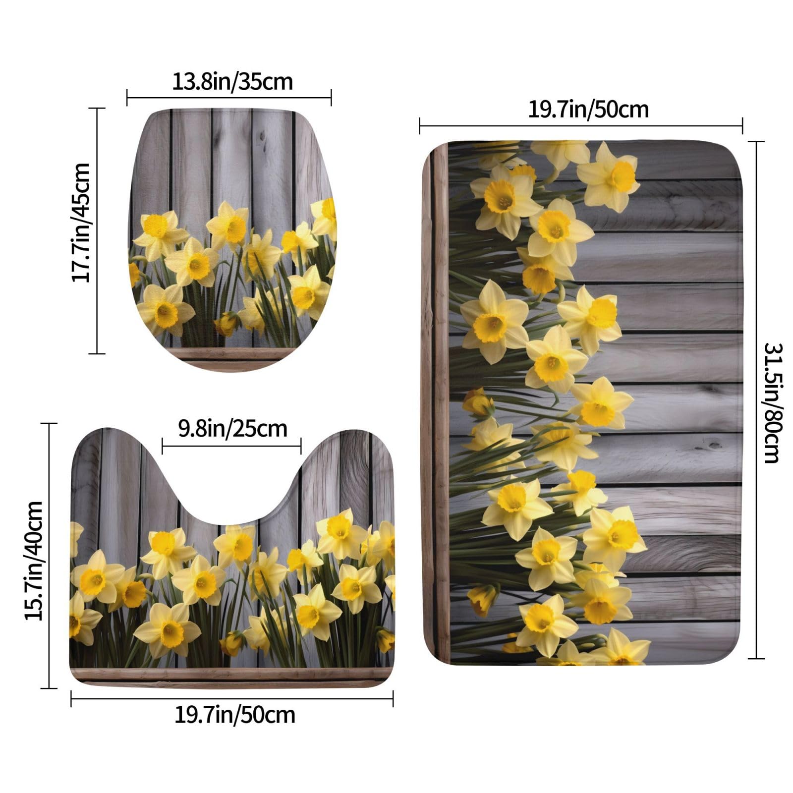 Set di 3 tappetini da bagno con bouquet di narcisi in flanella morbida antiscivolo con coperchio per la decorazione della casa