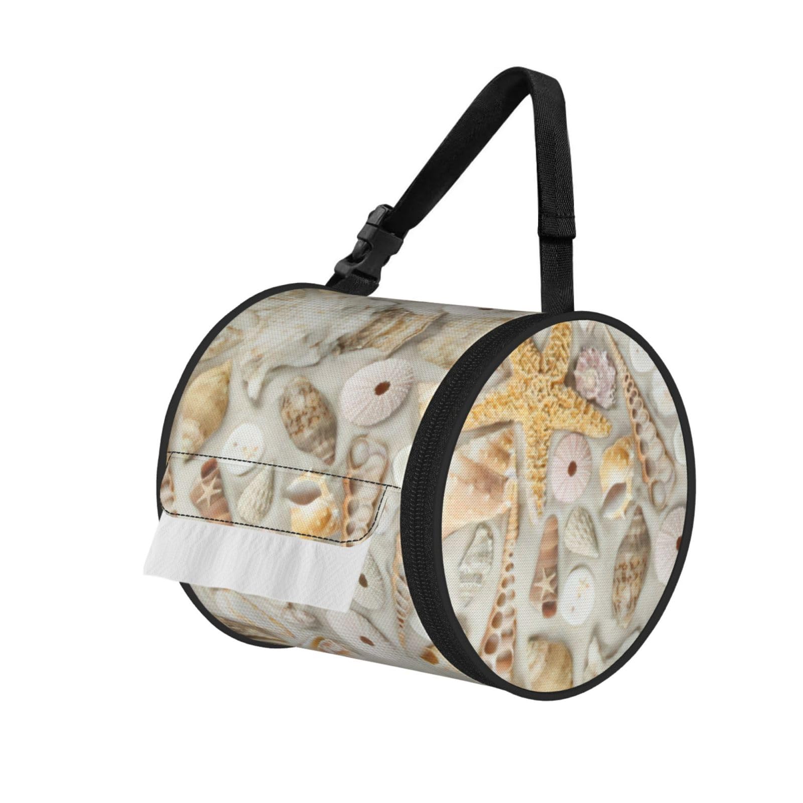 Seashells Starfish On White Sand Print Fashion Tissues Organizer Box, Hanging Tissue Holder For Purse Coins For Car Office Daily Outing