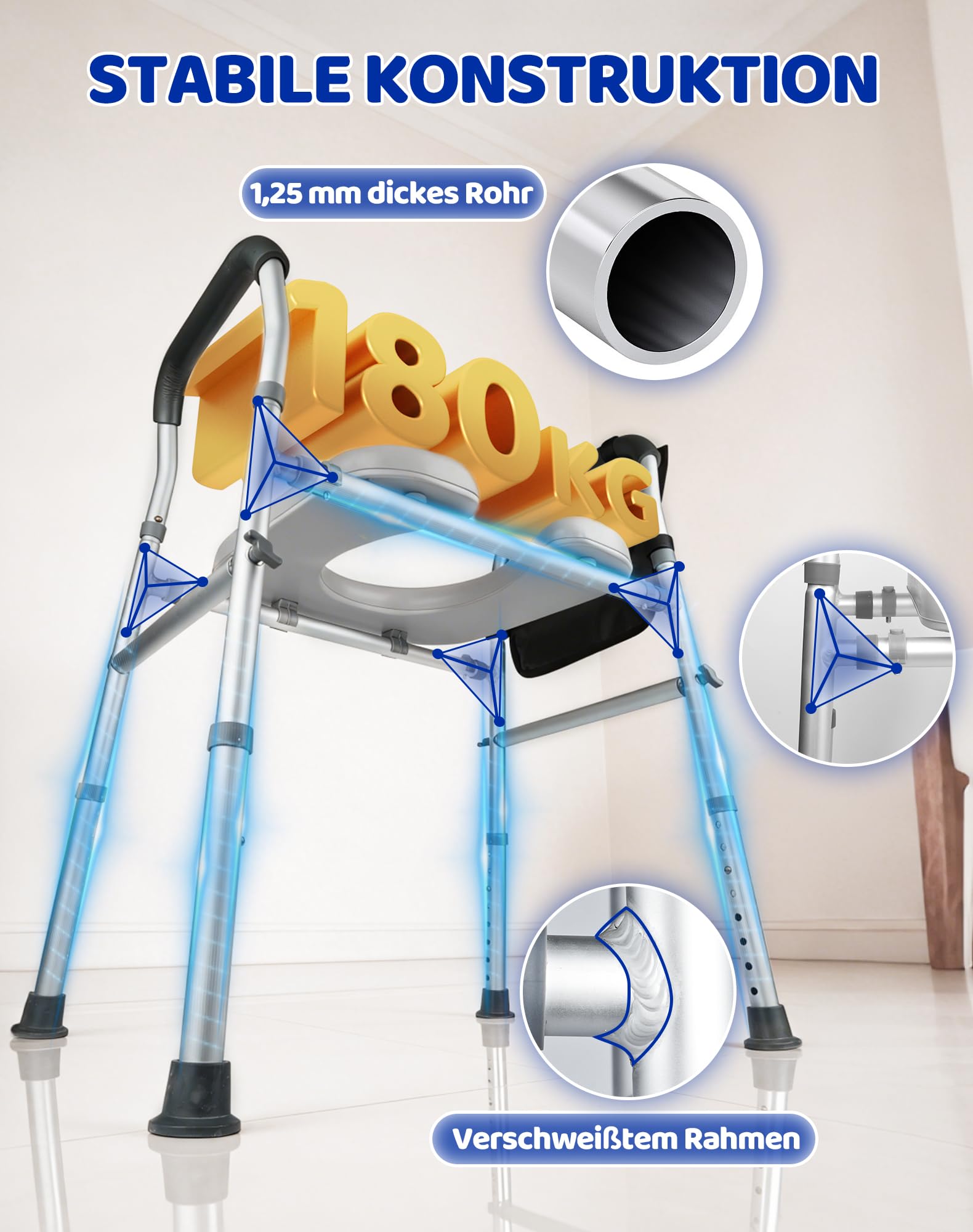 Toilettensitzerhöhung mit Armlehnen WC Sitzerhöhung Aufstehhilfe Toilettenaufsatz für Senioren Erhöhter Toilettensitz mit verstellbarer 8-Stufen Höhe/4-Stufen Breite Toilettenerhöhung bis zu 180kg