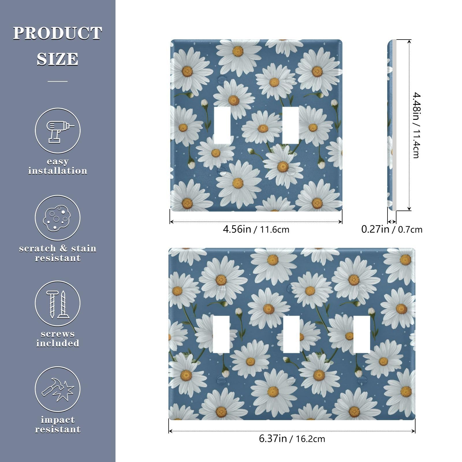 Light Switch Cover White Daisy Flower Wall Plates for Electrical Outlets 3 Gang 202a8909