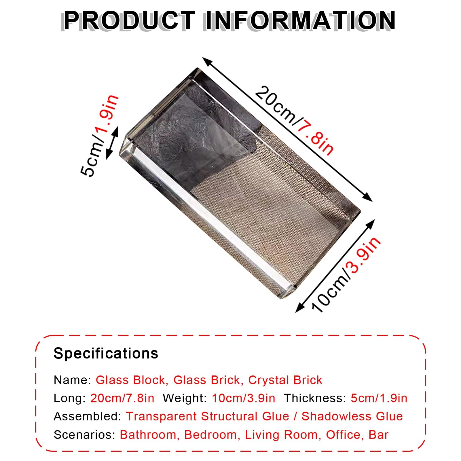 Klare Glassteine, 20 x 10 x 4 cm, Kristallziegel für Zuhause, Badezimmer, Schlafzimmer, Dekoration, Raumteiler