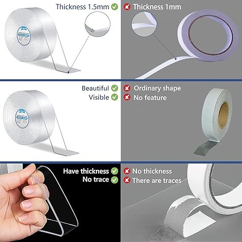 Miniatura 5 de Cinta de doble cara resistente (2 rollos de 19.8 pies), cinta de montaje multiusos de doble cara, fuerte adherente, cinta adhesiva lavada y