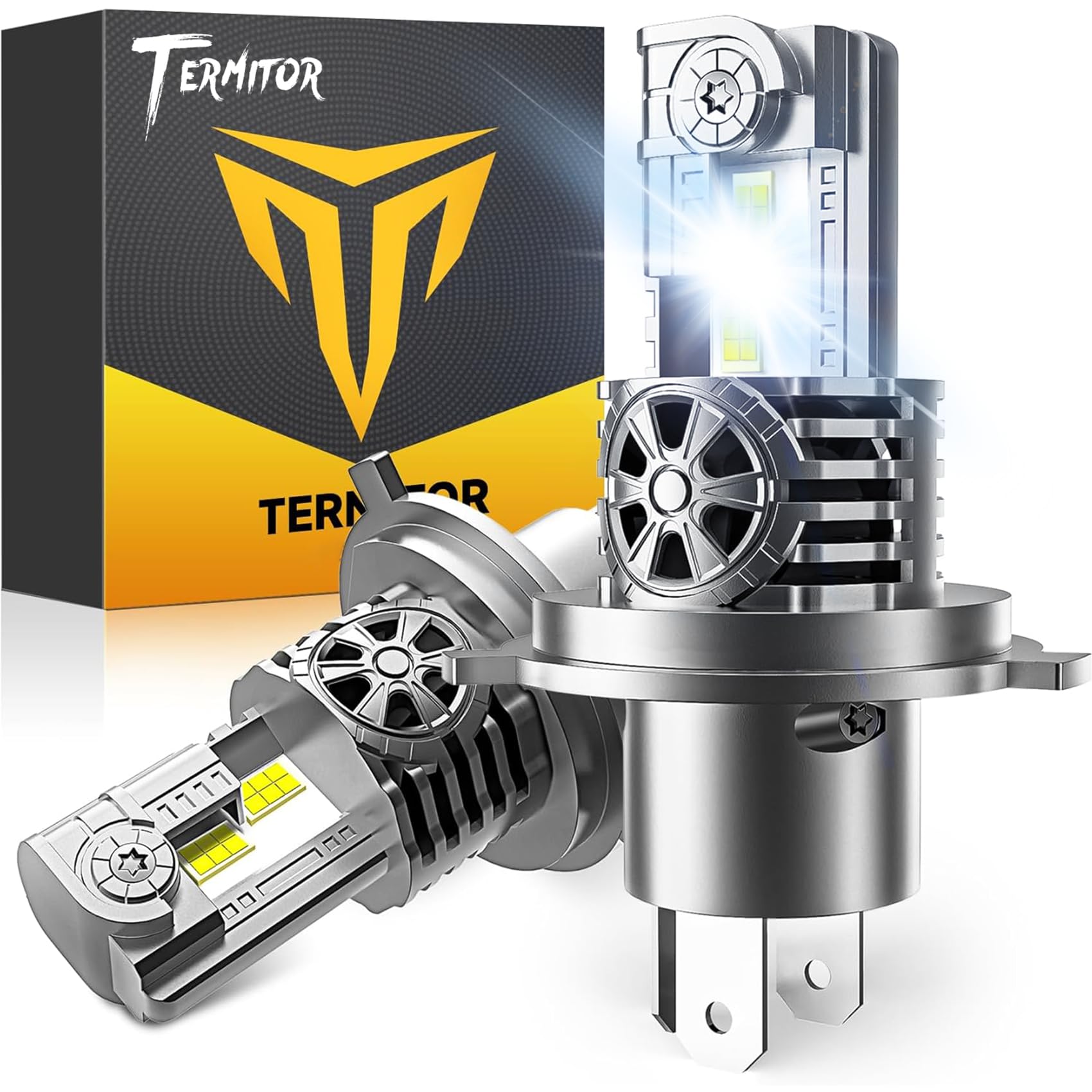 Upgraded H4/9003/HB2 Light bulb Hi/Low Beam, 50000LM 1000% Super Brighter, 6500K Cool White, H4 9003 Fog Light Bulbs with Cooling Fan, 1:1 Mini Halogen Size, Plug and Play, Pack of 2