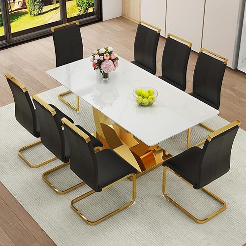 Miniatura 33 de Juego de mesa de comedor de mármol sintético para 6, mesa de comedor moderna de 71 pulgadas para 6, mesa de cocina dorada de lujo y 6 sillas de Mesa