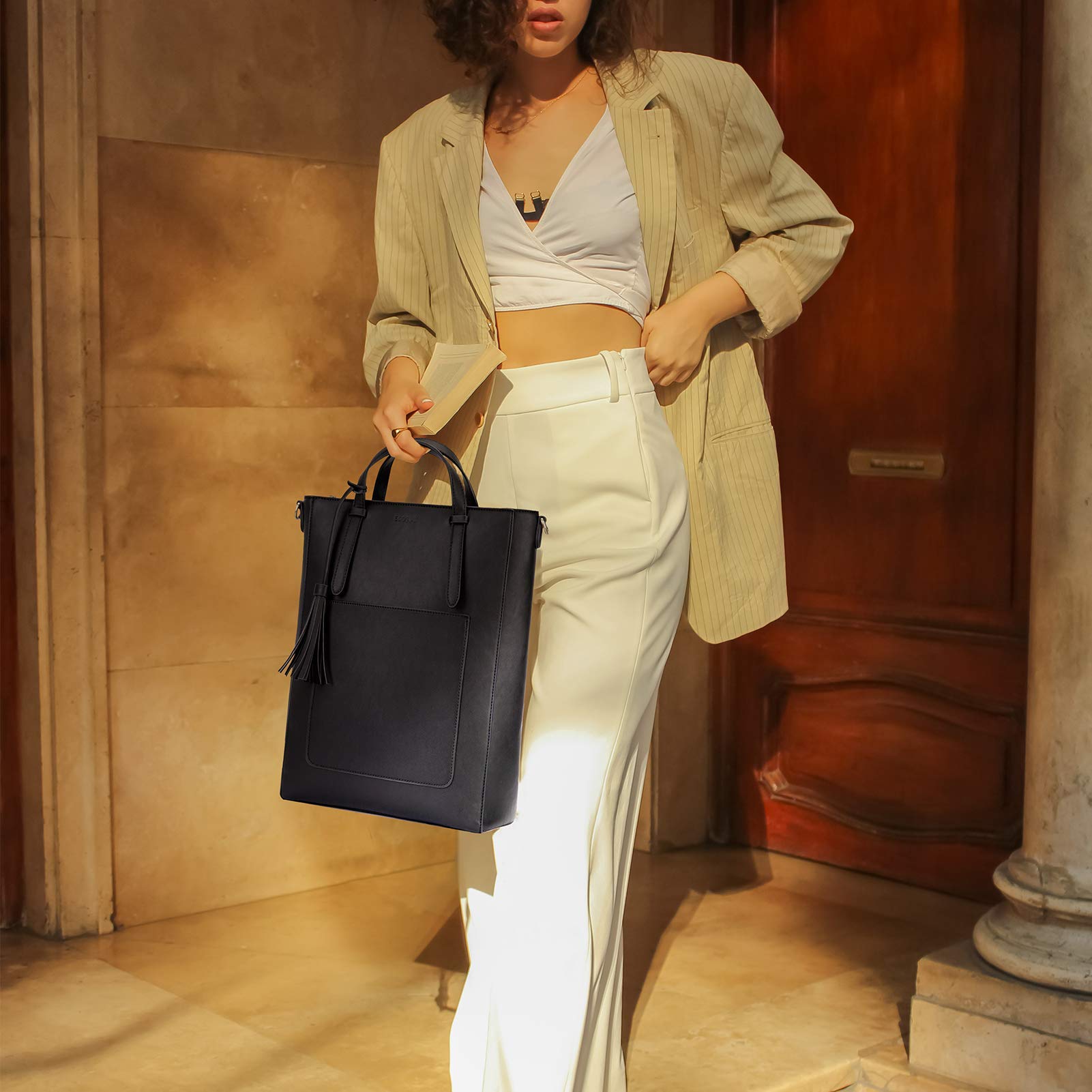ECOSUSI Rucksack Damen Klein Handtasche, Leder Elegant Cityrucksack Tagesrucksack Tragetasche Multifunktion 3 In 2 Tote Bag, Kleiner Backpack Women für Schule Arbeit Reisen Uni, Schwarz