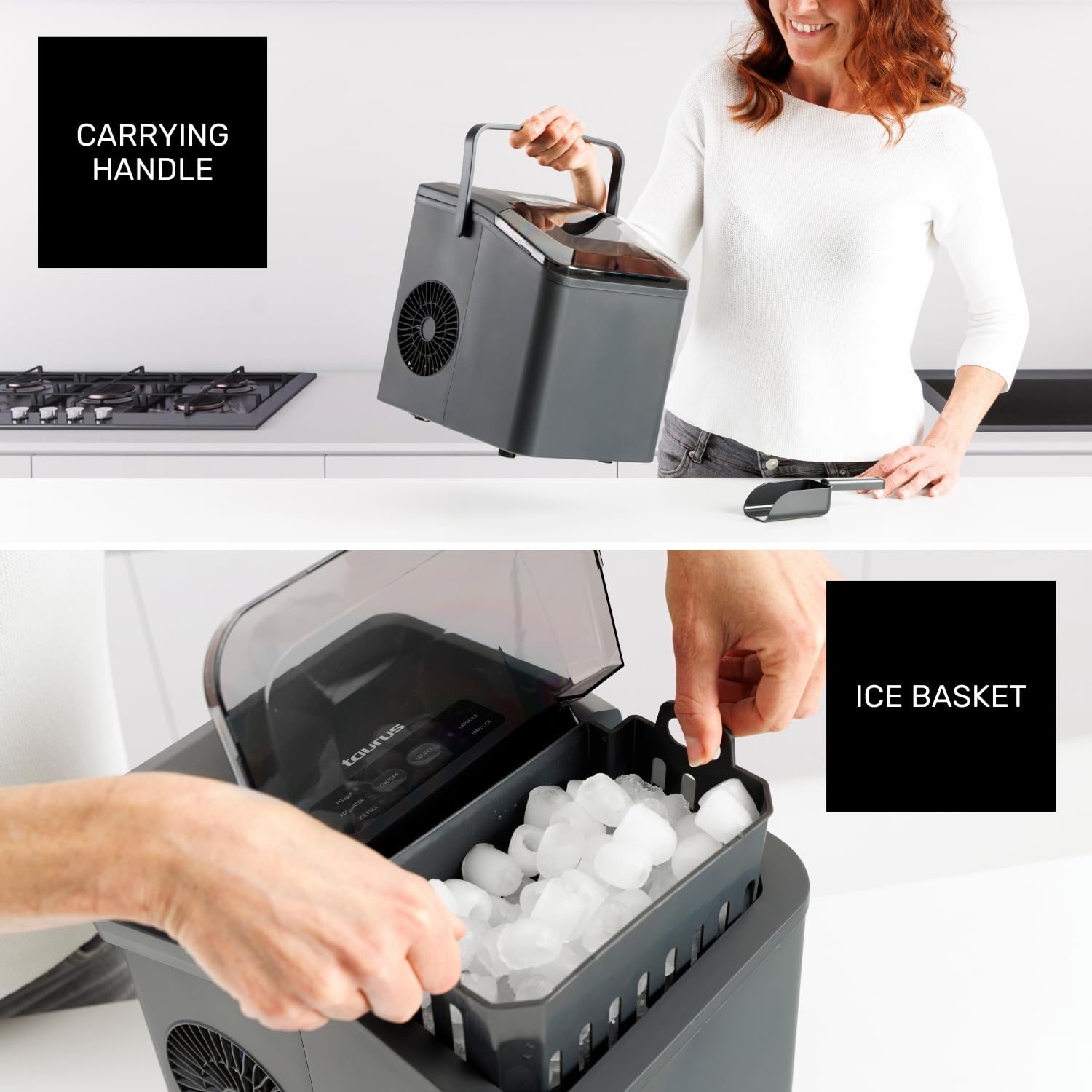 Taurus - Sorbetière 130W | 12kg/24h | Glace en 6min | 2 tailles: grand/petit | Silencieux | Autonettoyante | Fenêtre de contrôle | Portable avec poignée