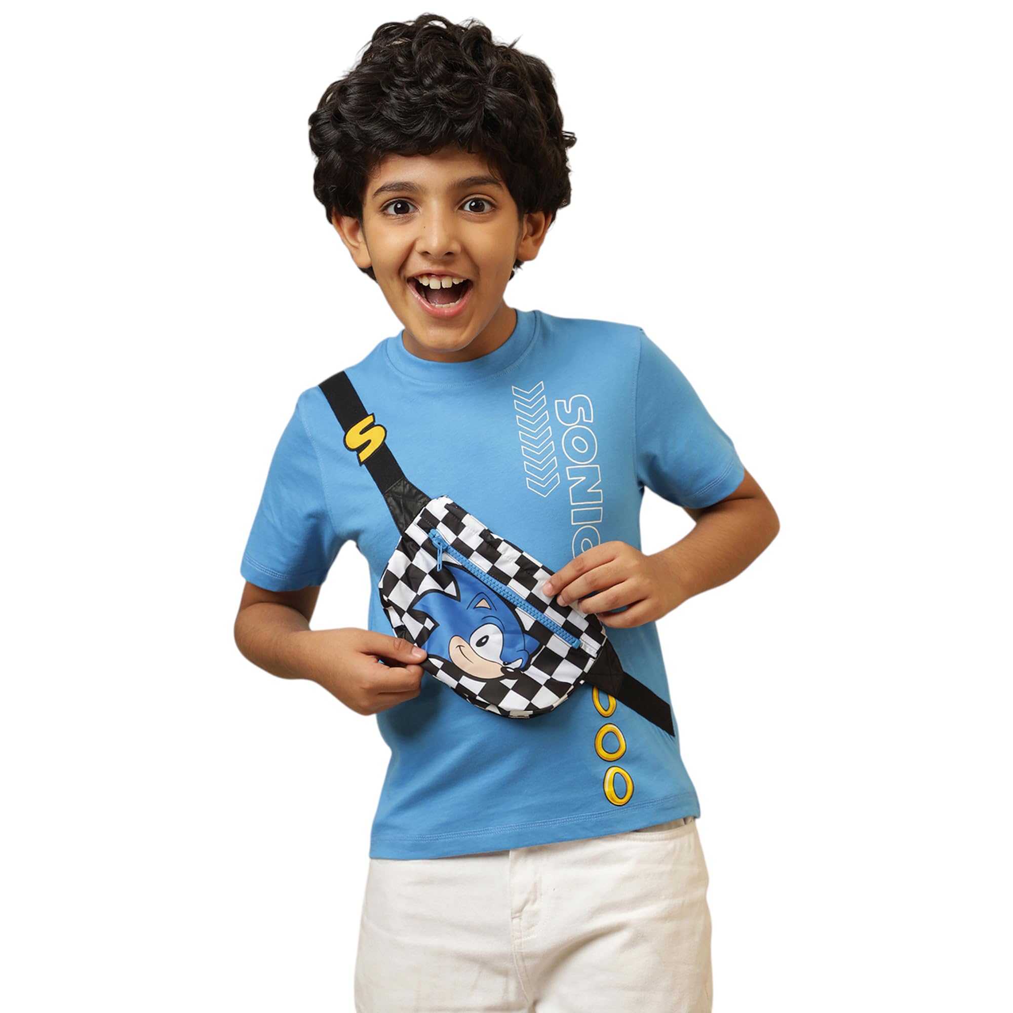 kidsville Official Sonic the Hedgehog Boys Graphic Printed Crew Neck Pure Cotton Regular Fit Tee T-Shirt with Attached Character Crossbody Pouch Bag-picture-10