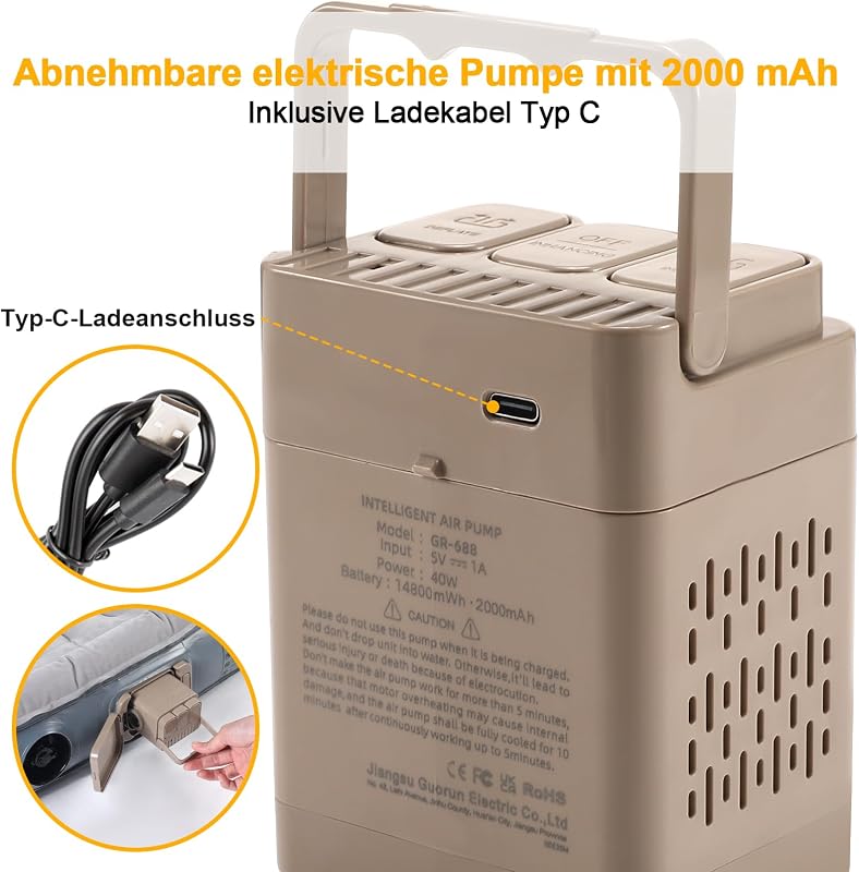 KMZ SUV Felfújható Matrac Beépített Elektromos Pumpával - Vastag Flokolt Autós Ágy Utazáshoz és Kempingezéshez - 300 kg Teherbírás - Szürke