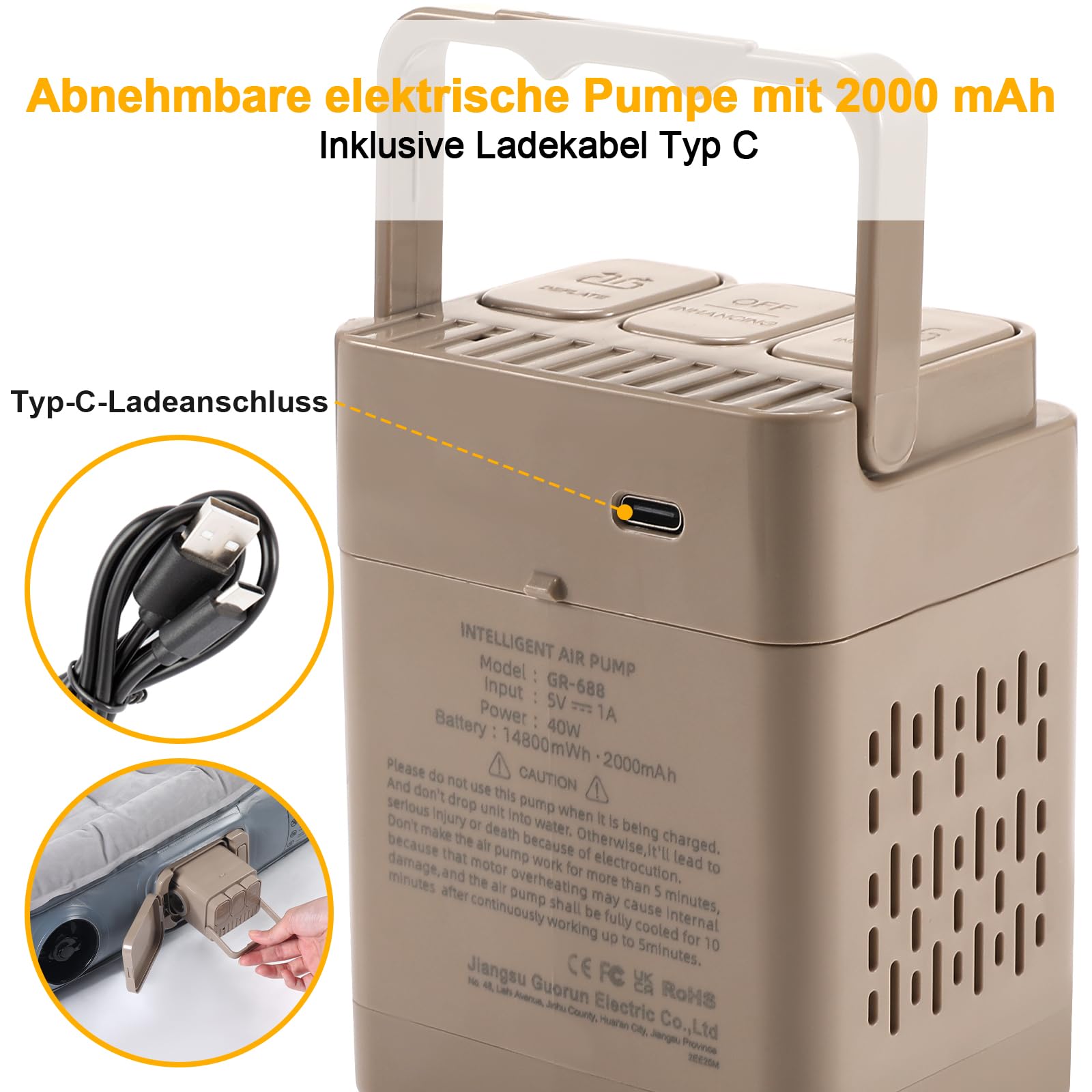 KMZ SUV Luftmatratze mit eingebauter elektrischer Pumpe - Verdickte und geflockte Auto-Bettmatratze für Reisen und Camping - 300 kg Tragfähigkeit - Grau