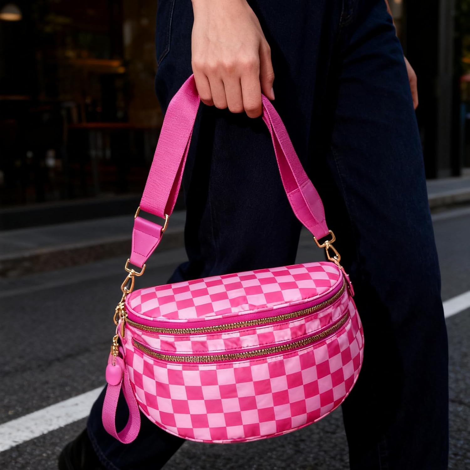 Checkered Crossbody Bag Nylon Bum Bags for Women Spacious Handbags Checkered Purse Fanny Packs with Shoulder Strap - Image 3