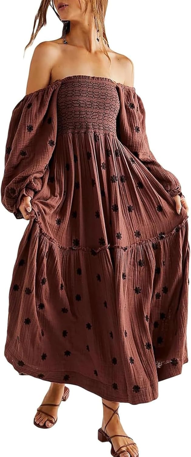 Willow Dance Women Casual Bohemian Floral Dress Square Neck Ruffle Swing A Line Long Sleeve Beach Maxi Dress with Pockets