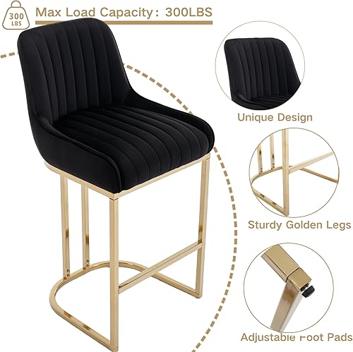 Miniatura 4 de Shunzhi Juego de 2 taburetes de bar negros de altura de mostrador con respaldo, taburetes de bar modernos con patas doradas, taburetes de bar