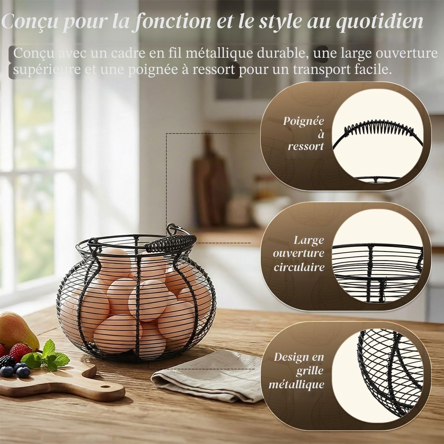 Flexzion Panier à œufs pour recueillir des œufs frais – Porte-œufs rond en fil métallique avec poignées à ressort – Panier de collecte d'œufs de poule de ferme pour comptoir, organisateur de cuisine