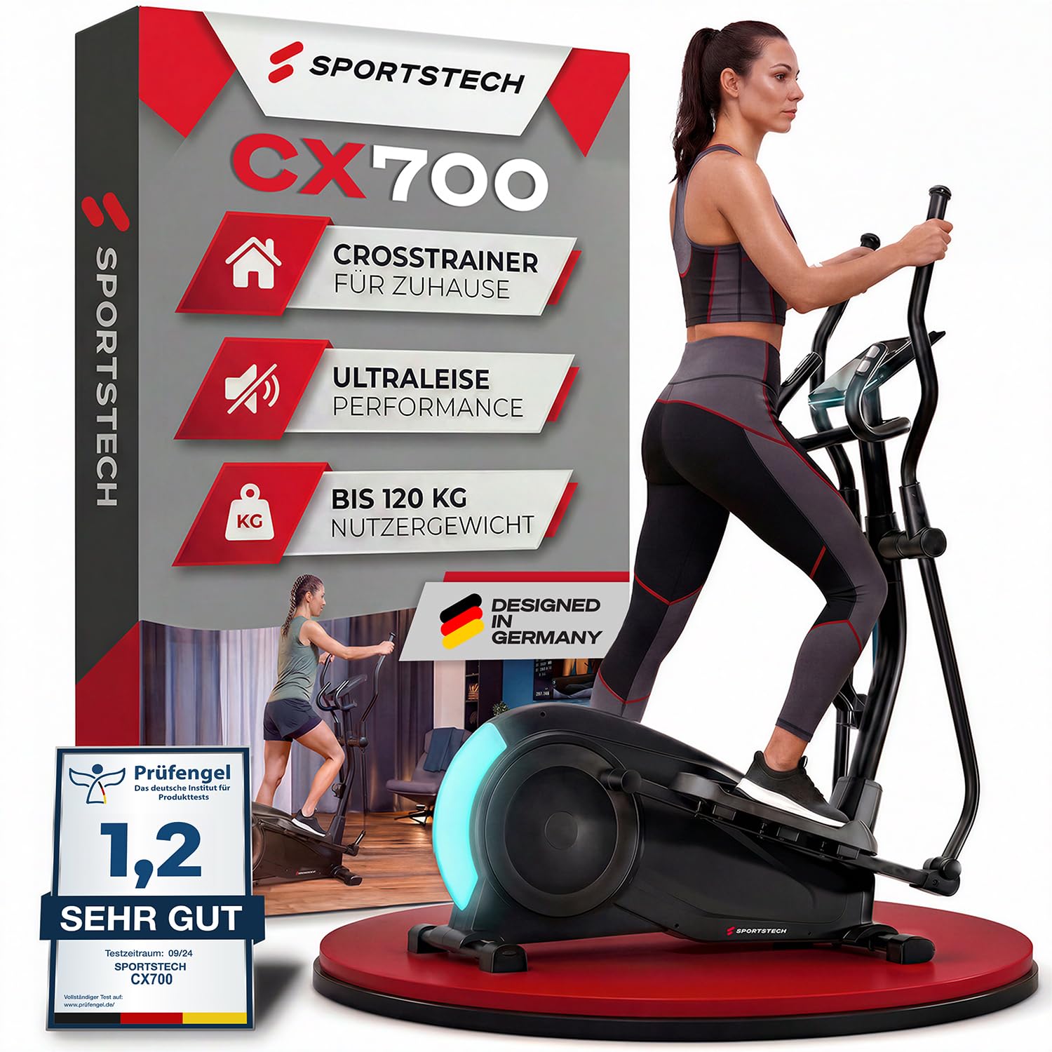 Sportstech CX700 Crosstrainer für Zuhause, Ellipsentrainer für Zuhause, Stepper Alternative mit 24 kg Schwungmasse, 24 Widerstandsstufen, leise, App, Bluetooth, Pulssensor, LCD Display, LED
