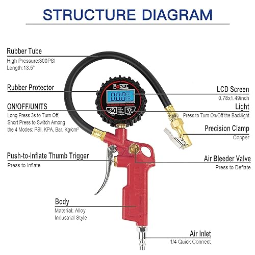 Miniatura 2 de FOVAL Inflador digital de neumáticos con medidor de presión 250 PSI Air Chuck Compresor Accesorios con manguera de goma y acoplador de conexión