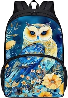 Parprinty Blue Floral Owl Backpack for Girls Middle Elementary School Student Lightweight Durable Basic Bookbag with Front Pocket Large Capacity 17 Inch Kids Cute Backpack