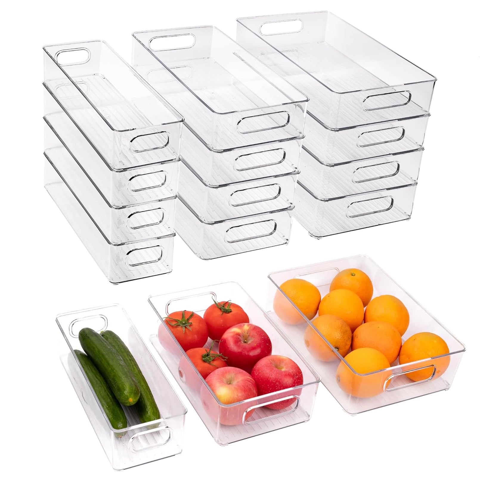 12 Stück Kühlschrank-Organizer-Behälter, 3 Größen, stapelbar, transparent, mit Griffen für Kühlschrank, Gefrierschrank, Regale, Schublade, Behälter, Snack-Organizer für Zuhause und Küche