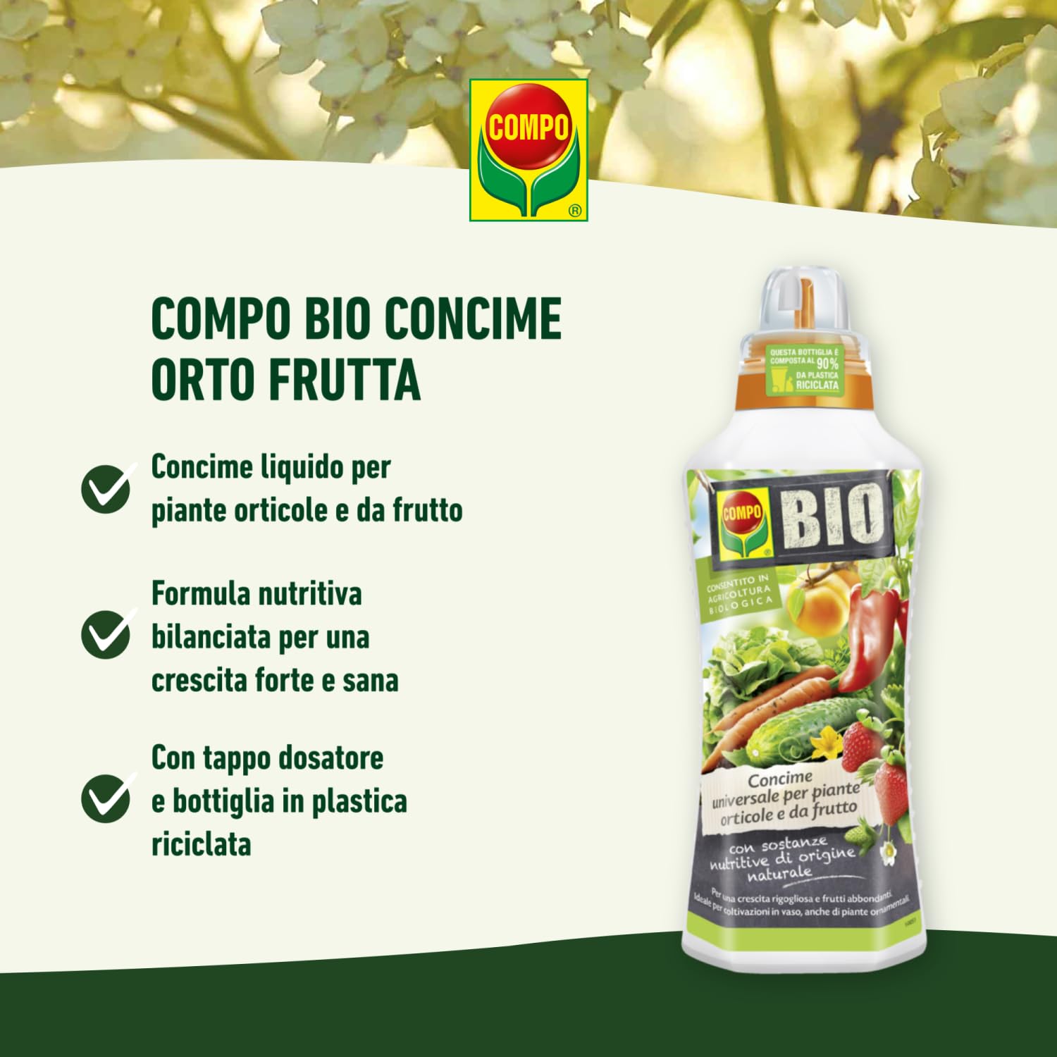 COMPO Engrais Biologique Universel pour Horticulture et Fruits, 1 Litre, Liquide, pour Plantes, légumes, Fruits, avec Bouchon doseur