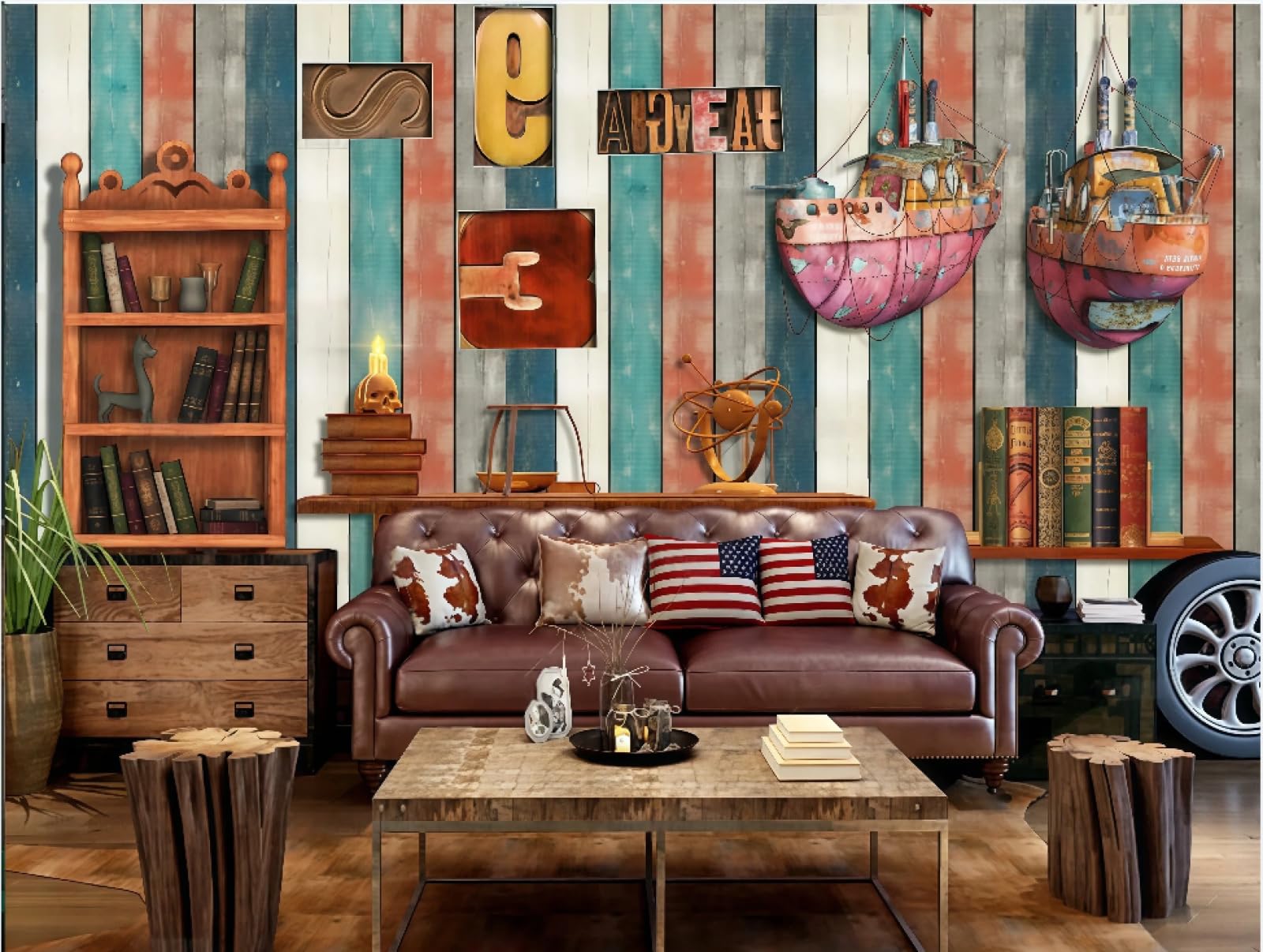 XDOUBAO Wallpaper Nostalgic Color Wooden Wall Bookshelf House Dessert Shop Afternoon Tea Western Restaurant Background Wall Wallpaper Coffee Shop Mural,3D,300x210cm