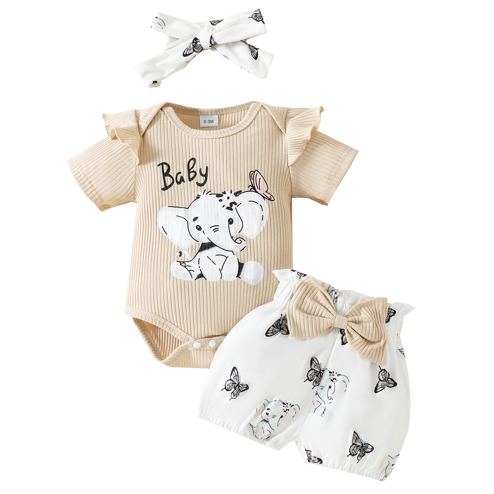 JiAmy Conjuntos de Verano para Recien Nacido 3 Piezas, Bebés Niña Monos Animal Impreso Manga Corta con Volantes Bordado Patrón Pantalones Cortos con Diadema 0-18 Meses