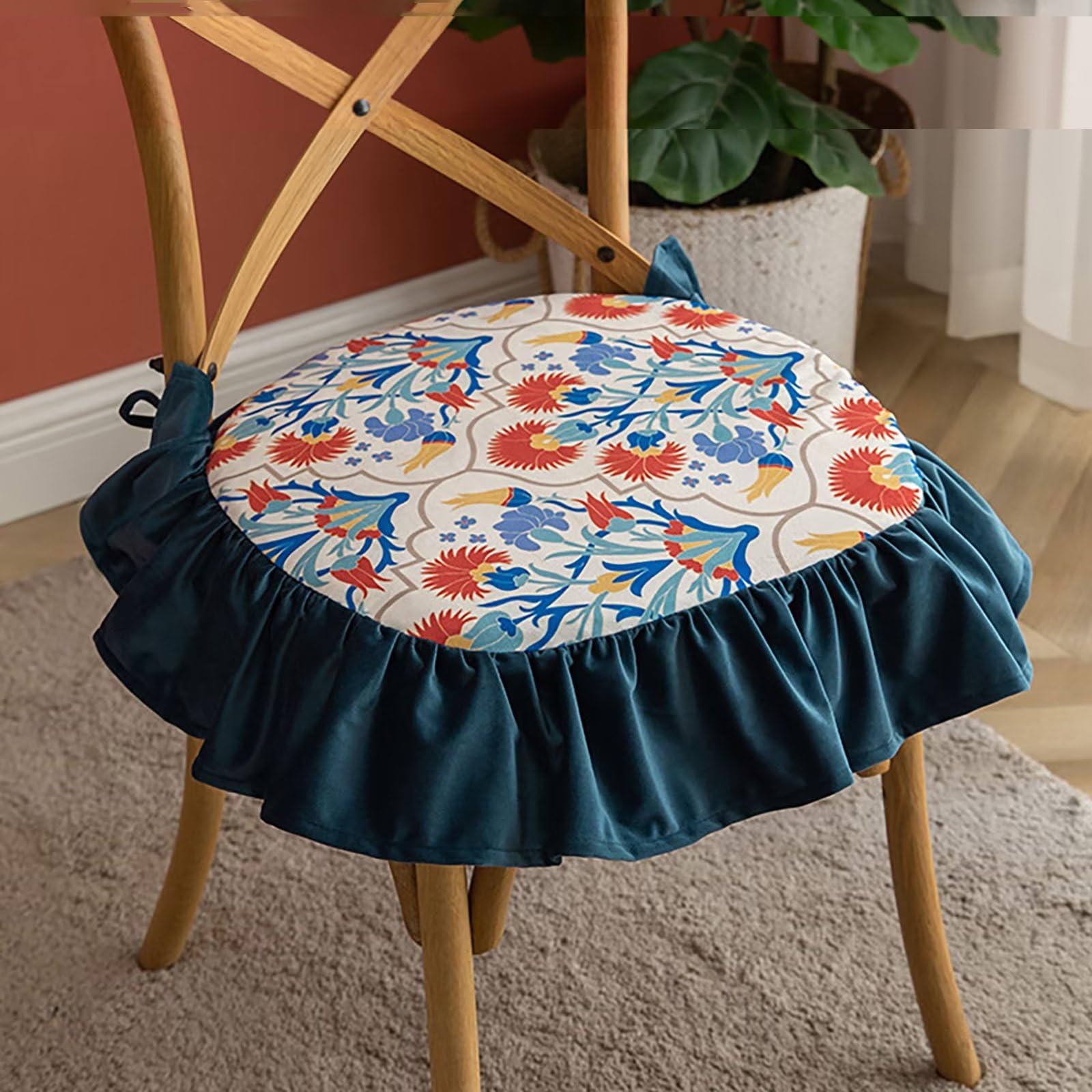 Cojines para sillas de comedor con faldón, almohadillas para sillas de comedor, paquete de 6 con lazos, cojín de asiento de 45 x 45 para sillas de cocina, funda lavable y extraíble, color azul