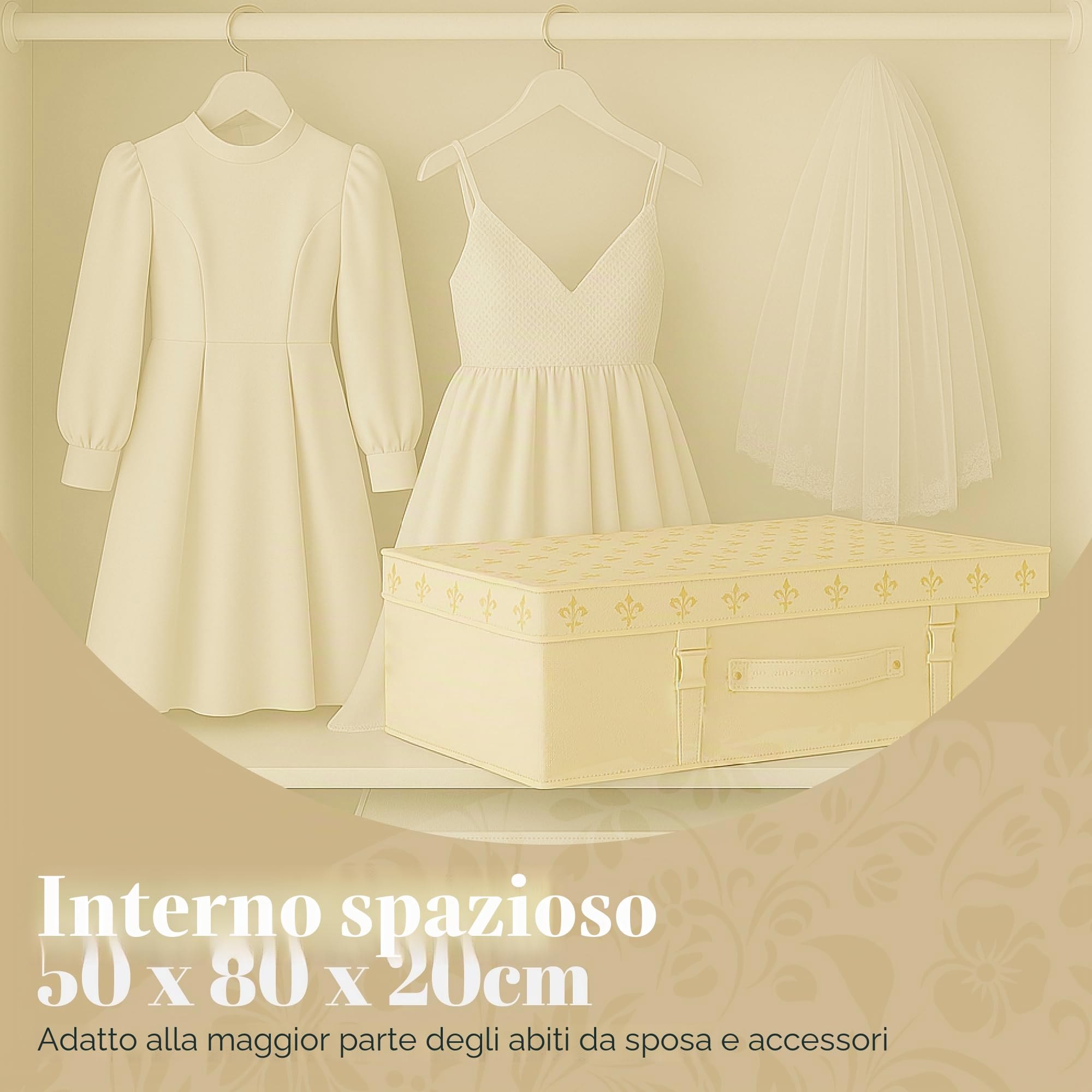 HANGERWORLD - Grande scatola portaoggetti avorio per abito da sposa con coperchio oro Fleur de Lis