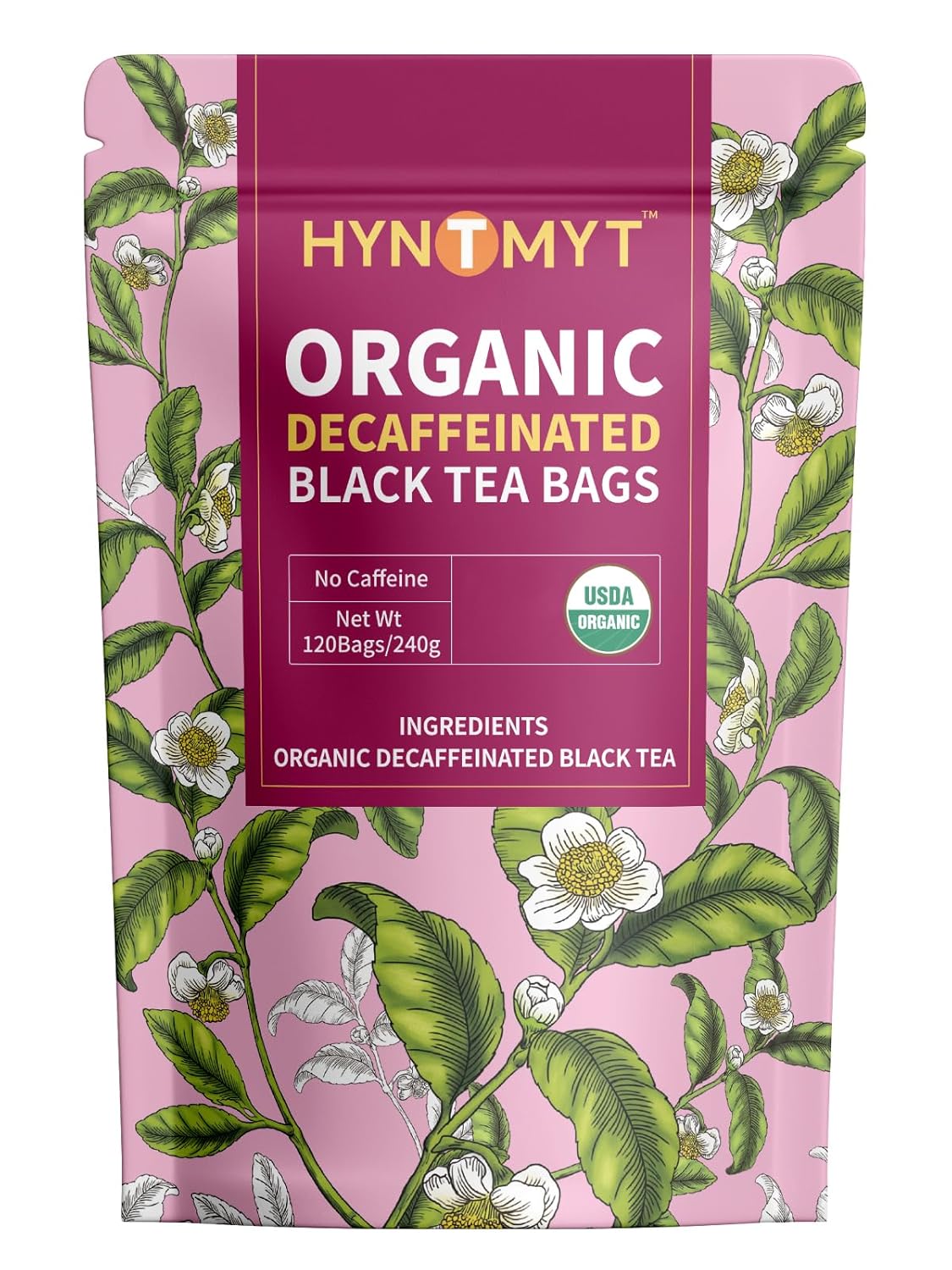 HYNTMYT Organic Decaffeinated Black Tea Bags, USDA Organic Decaf Black Tea, Mellow & Smooth Taste, Unsweetened, 120 Count
