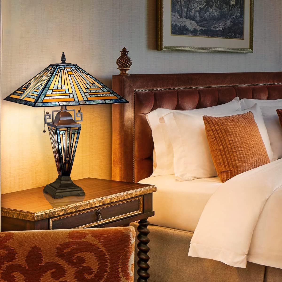 Tiffany Table Lamps with Nightlight 16" Wide Handmade Stained Glass Desk Lamp for Reading 3 Lights Blue Mission Style Antique Table Light for Living Room Bedroom Office