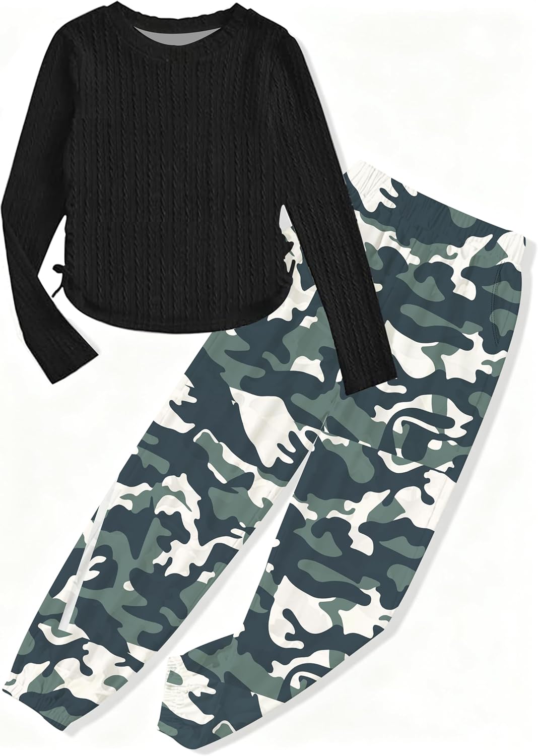 Girls Clothes Long Sleeve Ribbed Knit Drawstring Top Camouflage Pants 2 Piece Girl Fall Winter Outfit Set