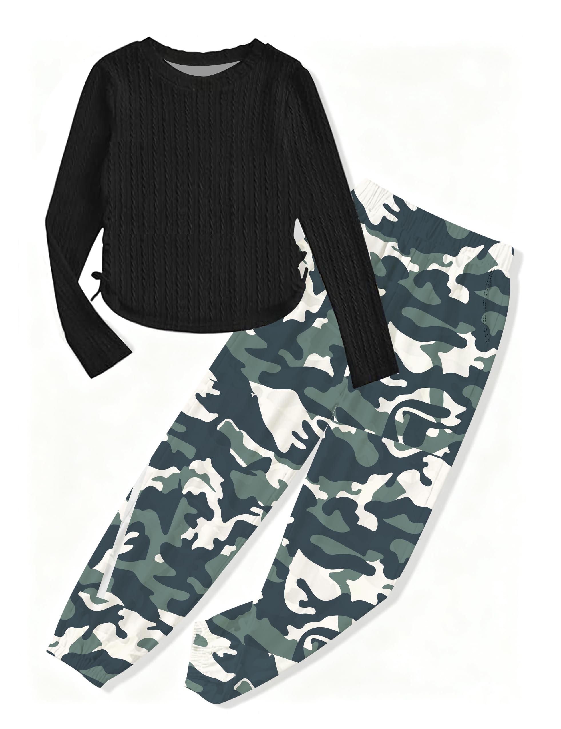Girls Clothes Long Sleeve Ribbed Knit Drawstring Top Camouflage Pants 2 Piece Girl Fall Winter Outfit Set