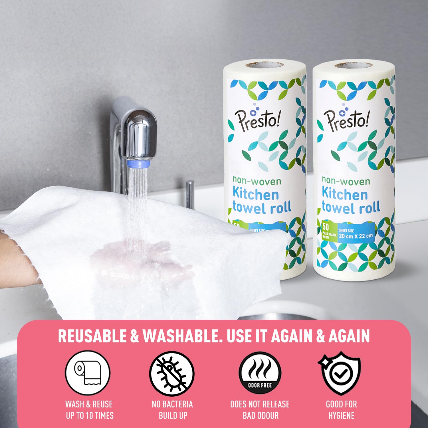 Amazon Brand - Presto! Non-Woven Reusable Kitchen Towel Roll | 50 Pulls | 100 Sheets (Pack of 2) | Size: 20 x 22 cm | White | Washable | Highly Absorbent | For Daily Use 2