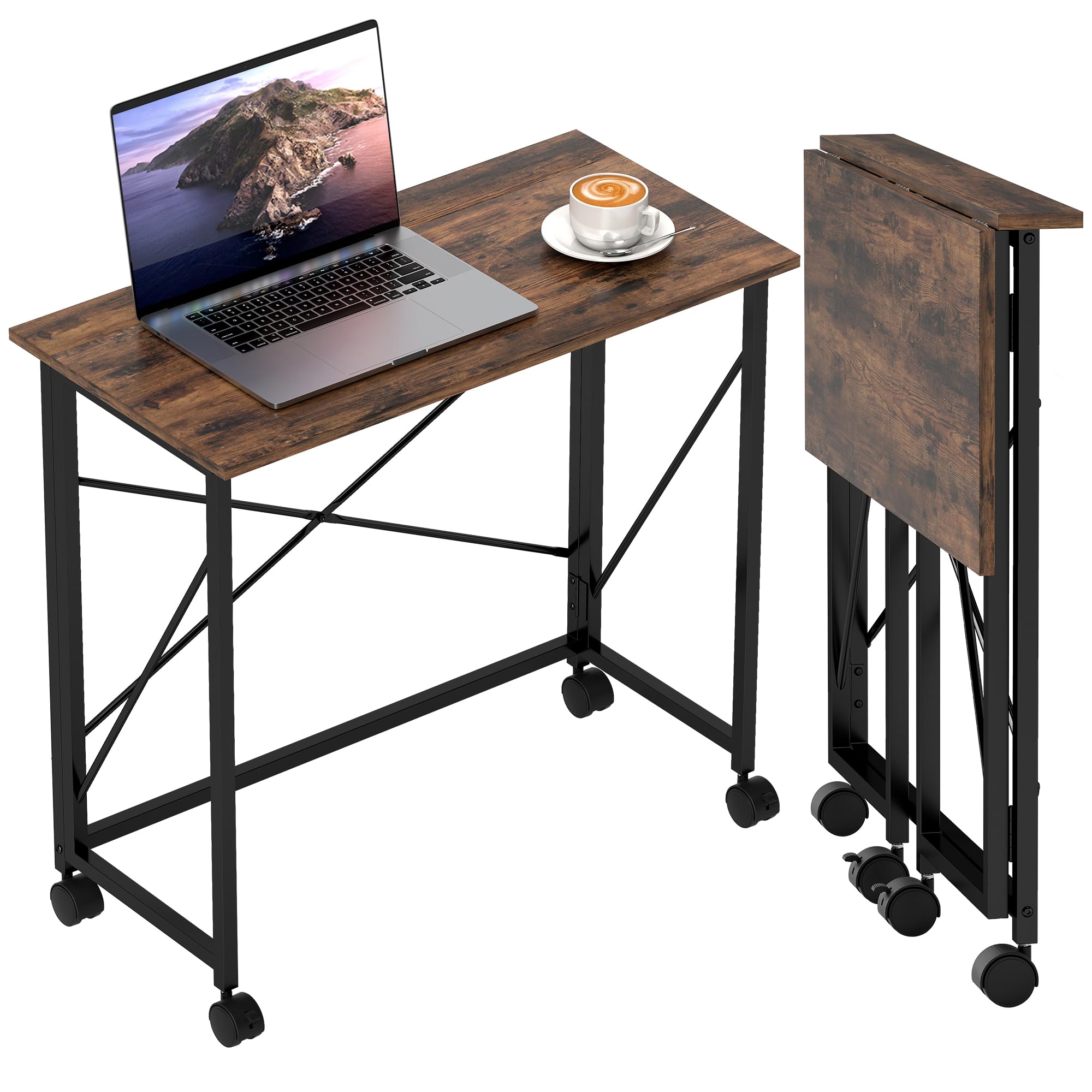 Homcom Folding Desk On Wheels, Writing Table For Home Office, Brown