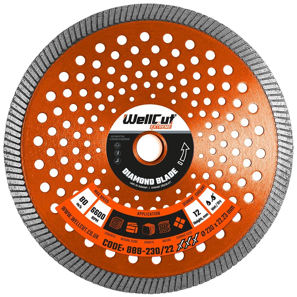 Diamond Cutting Discs For Angle Grinder 230mm 22.23mm Bore, Fast Clean Cut on Concrete Reinforced Concrete Marble And Granite Stone Sandstone Brick Tiles Or Ceramic Tiles WellCut (Single unit)