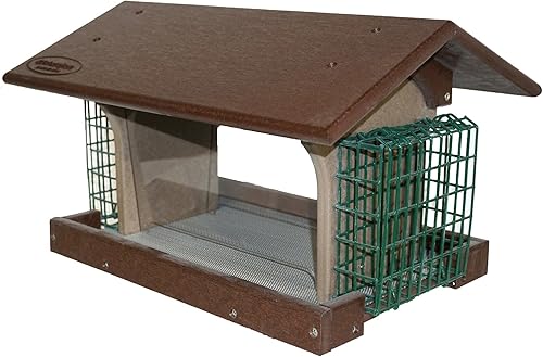 Comedero grande de plástico de polietileno para pájaros con dos jaulas de sebo para aves silvestres al aire libre, fabricado en Estados Unidos