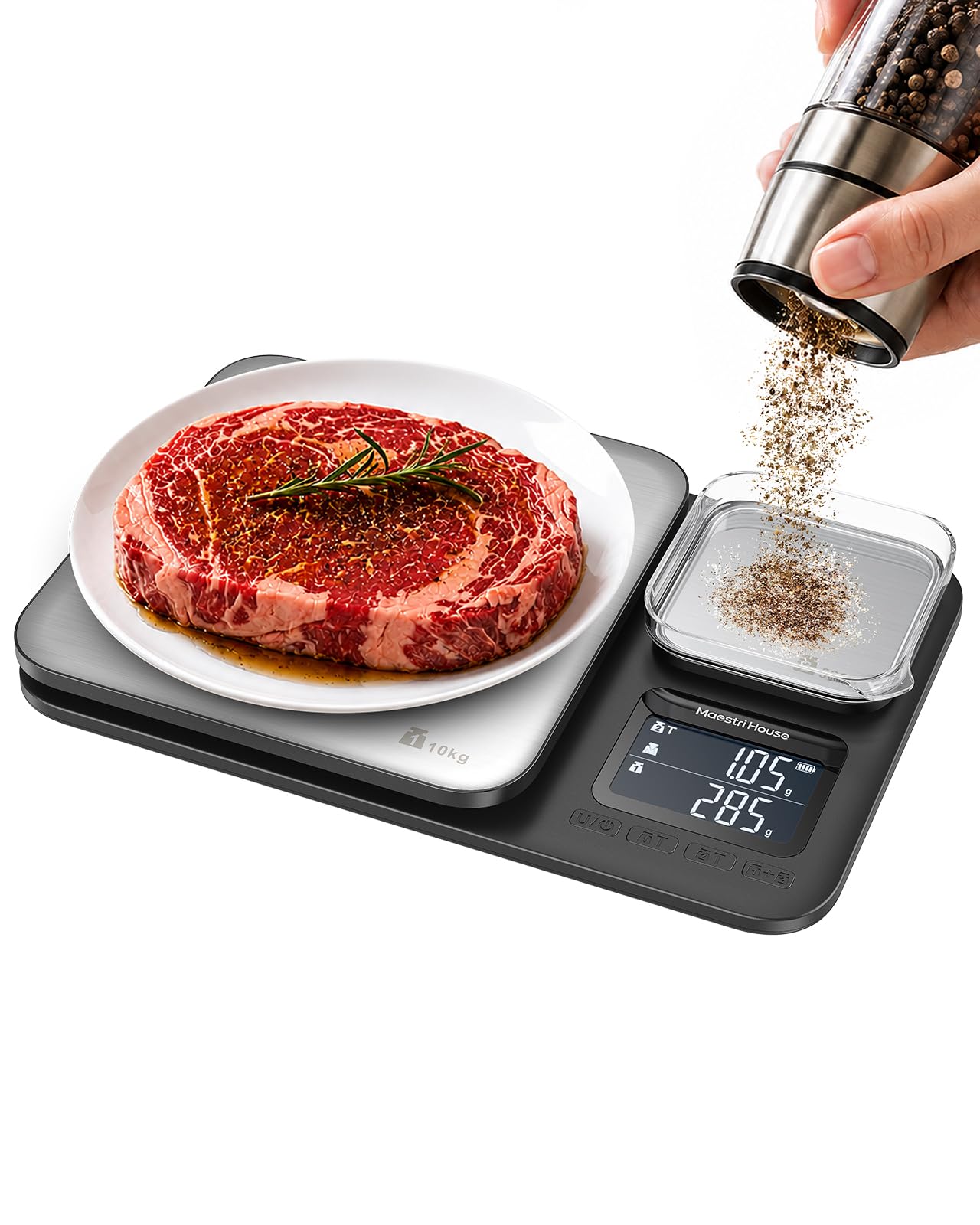 Maestri House Balance de cuisine avec deux plateformes de pesée, haute précision de 0,01 g et capacité totale de 10 kg/1 g, balance alimentaire 2 en 1 en acier inoxydable avec fonction tare et somme