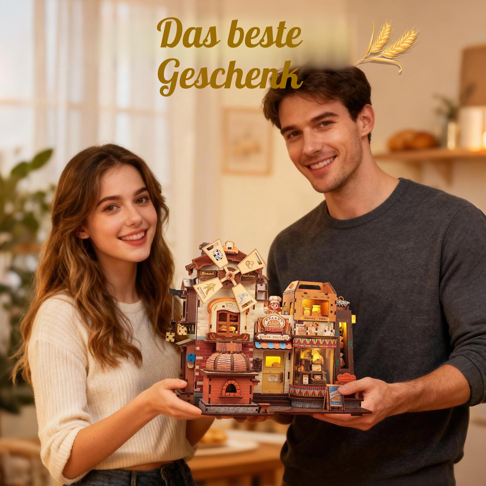 Cutefun 3D Holzpuzzle Modellbausatz – 572-teiliges Book Nook Bausatz für Erwachsene – Maßstabsgetreues Modell mit Musik, LED-Licht – Brot-Thema Geschenkefabrik