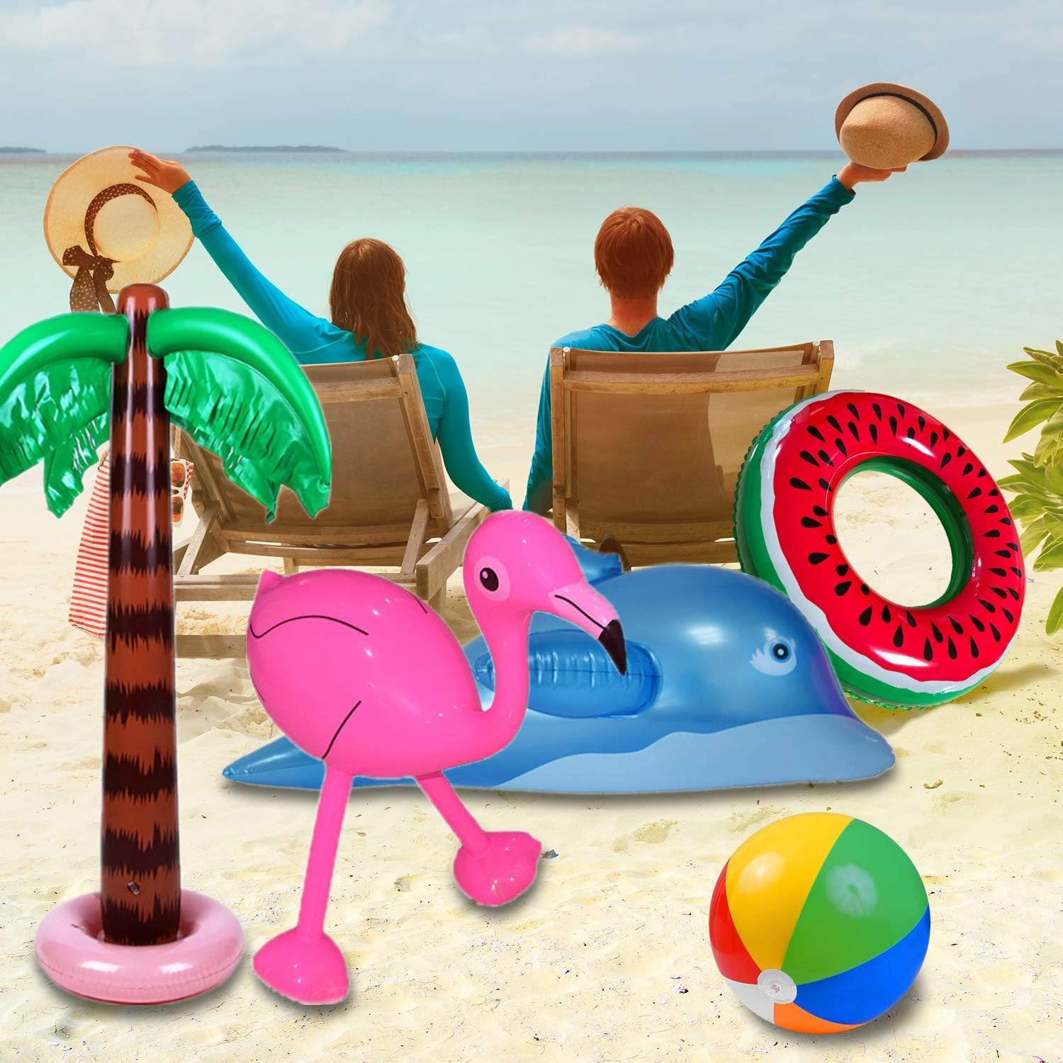 Yetech 9PCS Palmiers Gonflables Flamingo Jouets ,Gonflable Banane Balles De Plage Volant Perroquet Dauphin,90CM Pastèque Anneau de Natation Gonflable,la Toile de Fond de Plage de décor de fête