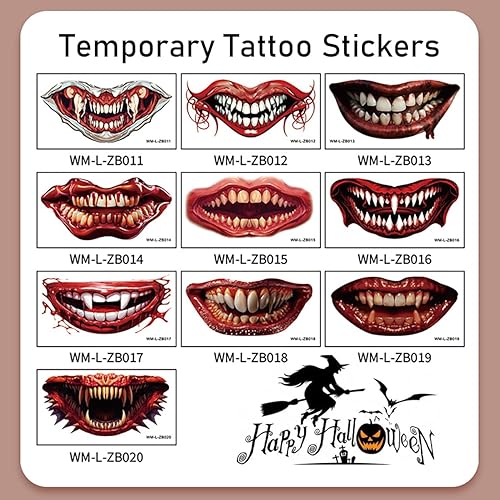 Miniatura 5 de Calcomanías de tatuaje de boca de terror de payaso de Halloween, 10 hojas góticas de Halloween, tatuaje temporal, tatuajes falsos para adultos,
