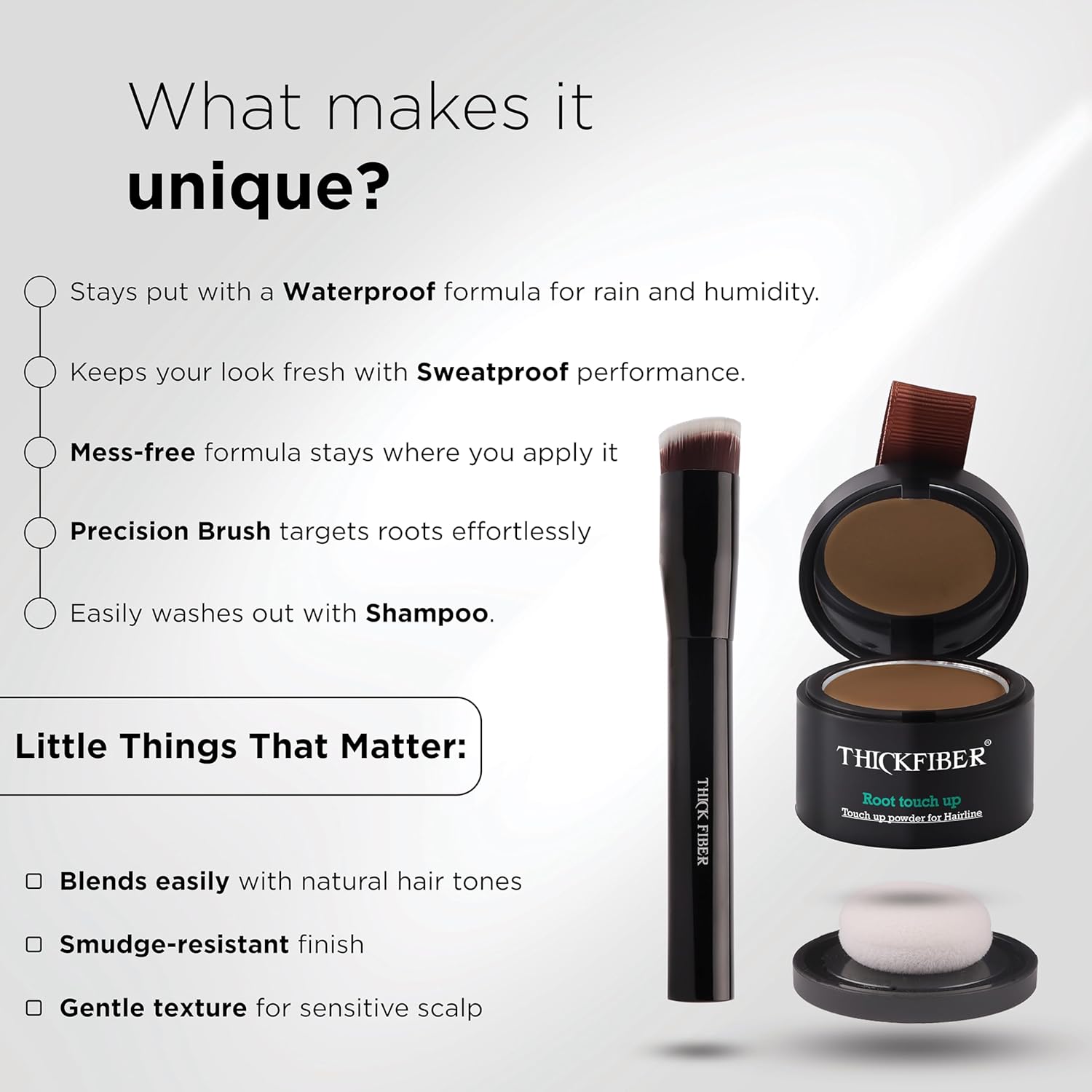 THICK FIBER Root Touch Up and Hairline Concealer - Water & Sweat Resistant Hair Loss Powder Set for Thinning Hair, Includes Brush (Light Brown)